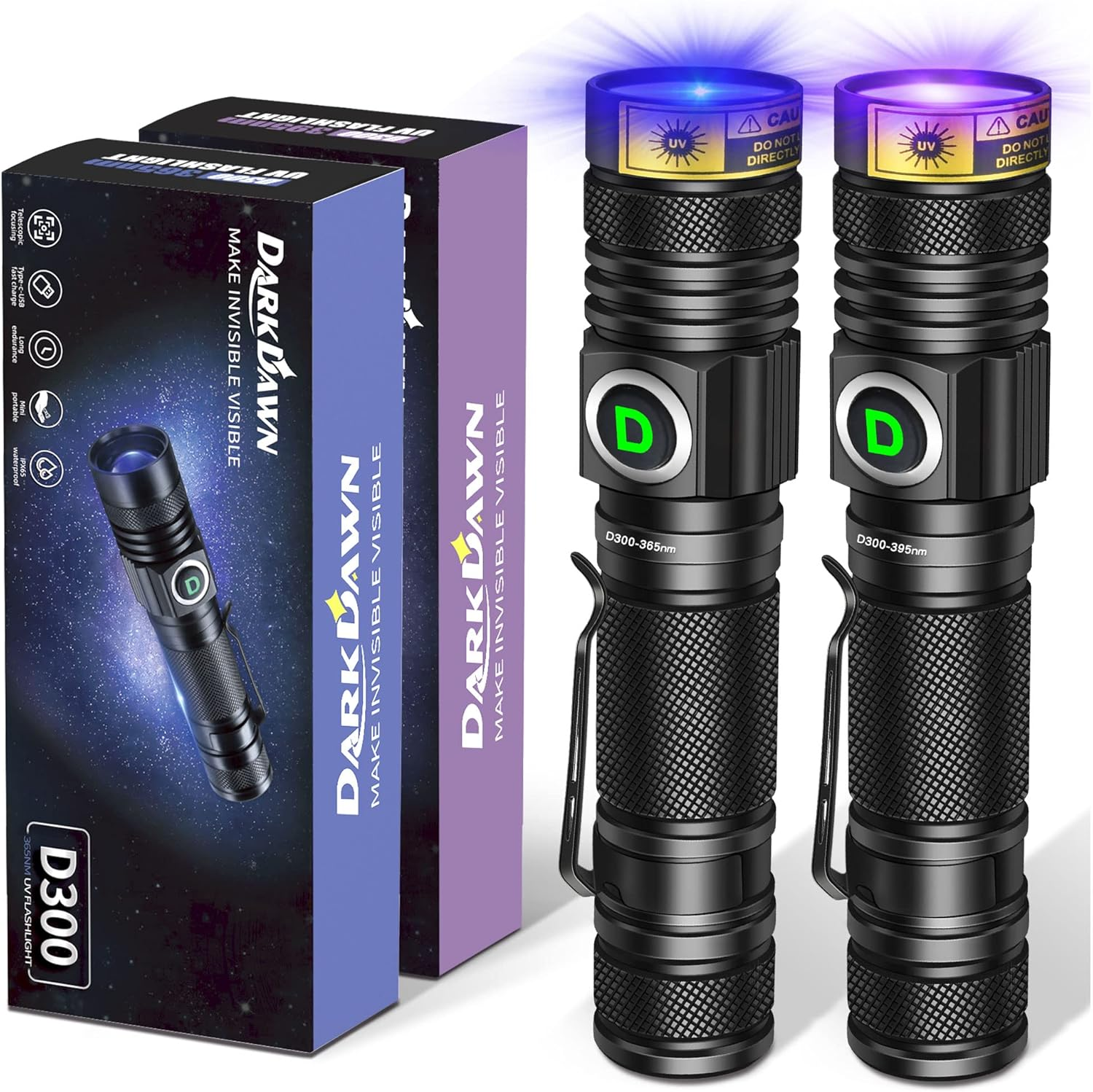 DARKDAWN UV Torches 365 Nm and 395 Nm Light USB Rechargeable Ultraviolet LED Black Light Woodsche Lamp, Mini Detector for Pet Urine, Stains, Uranium Glass, Amber, Resin Hardening, Pack of 2