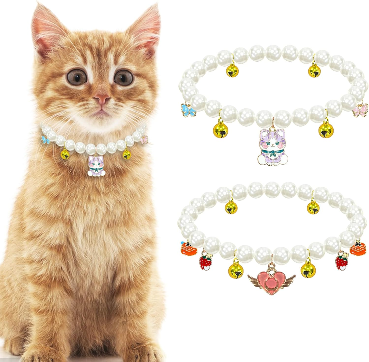 Yanmucy Cat Collar with Bell Pearl Pet Cats Dog Necklace Collar Accessories Necklace Jewellery for Kittens Small Pets Wedding Party Costume Outfits (Cat + Heart) image number 2
