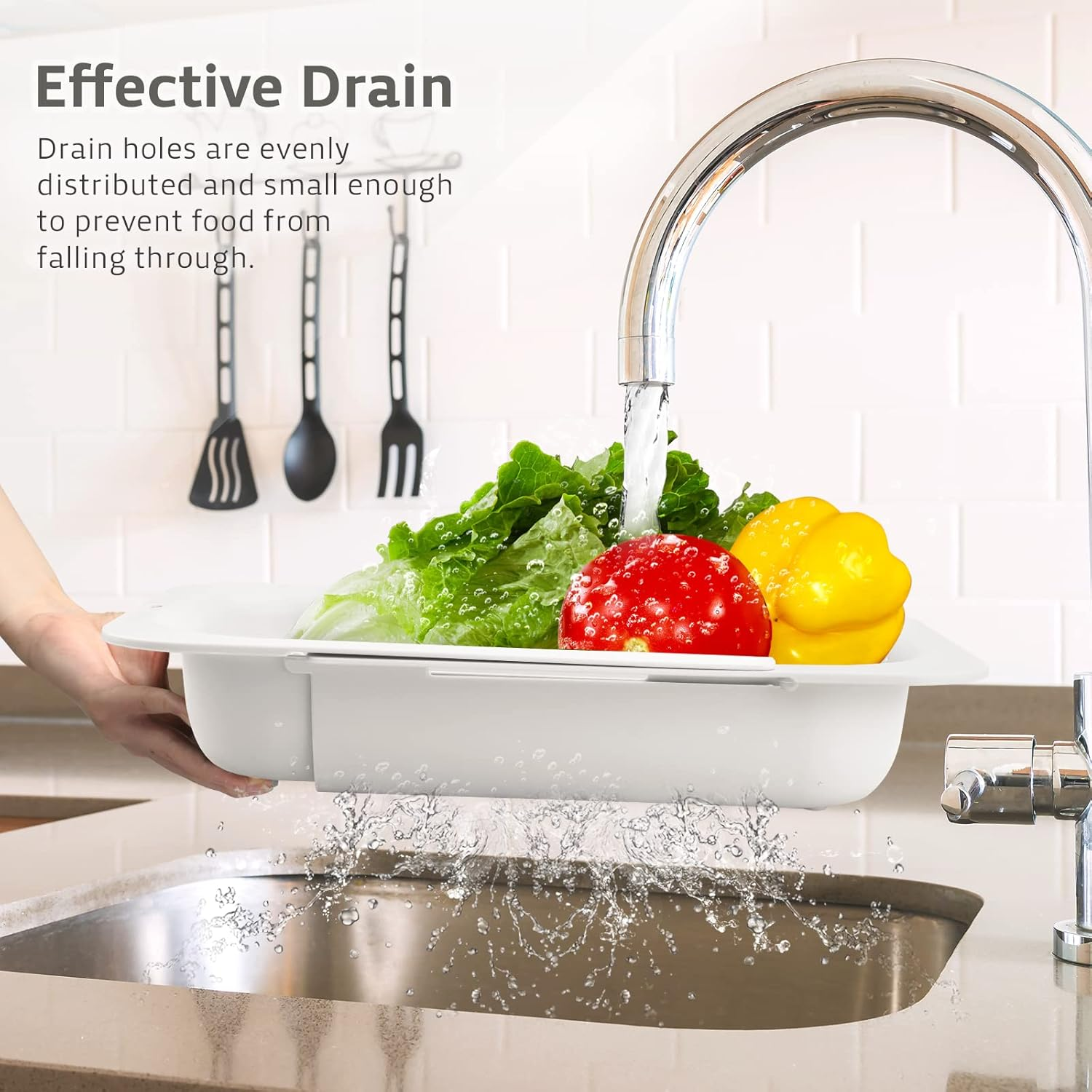 Extendable Colander Strainer over the Sink, Retractable Kitchen Sink Basket to Wash Vegetables and Fruits, Food Strainers to Drain Pasta and Dry Dishes, Plastic Colanders for Sink White Medium - Green image number 4