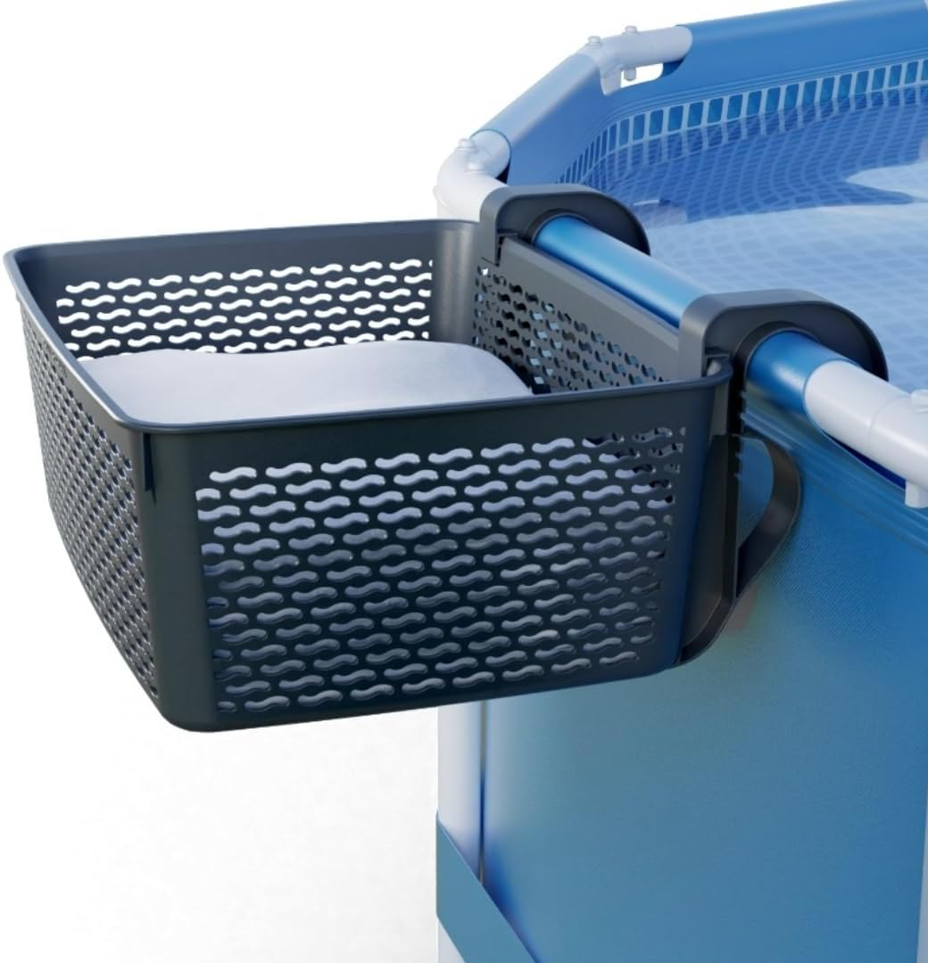 Carrie Box Poolside Storage Basket, Recycled Plastic, Pool Cup Holder, above Ground Accessories, for Most Frame Pools, Europe Made, Fits 2.3 Inch or Less Top Bar Charcoal
