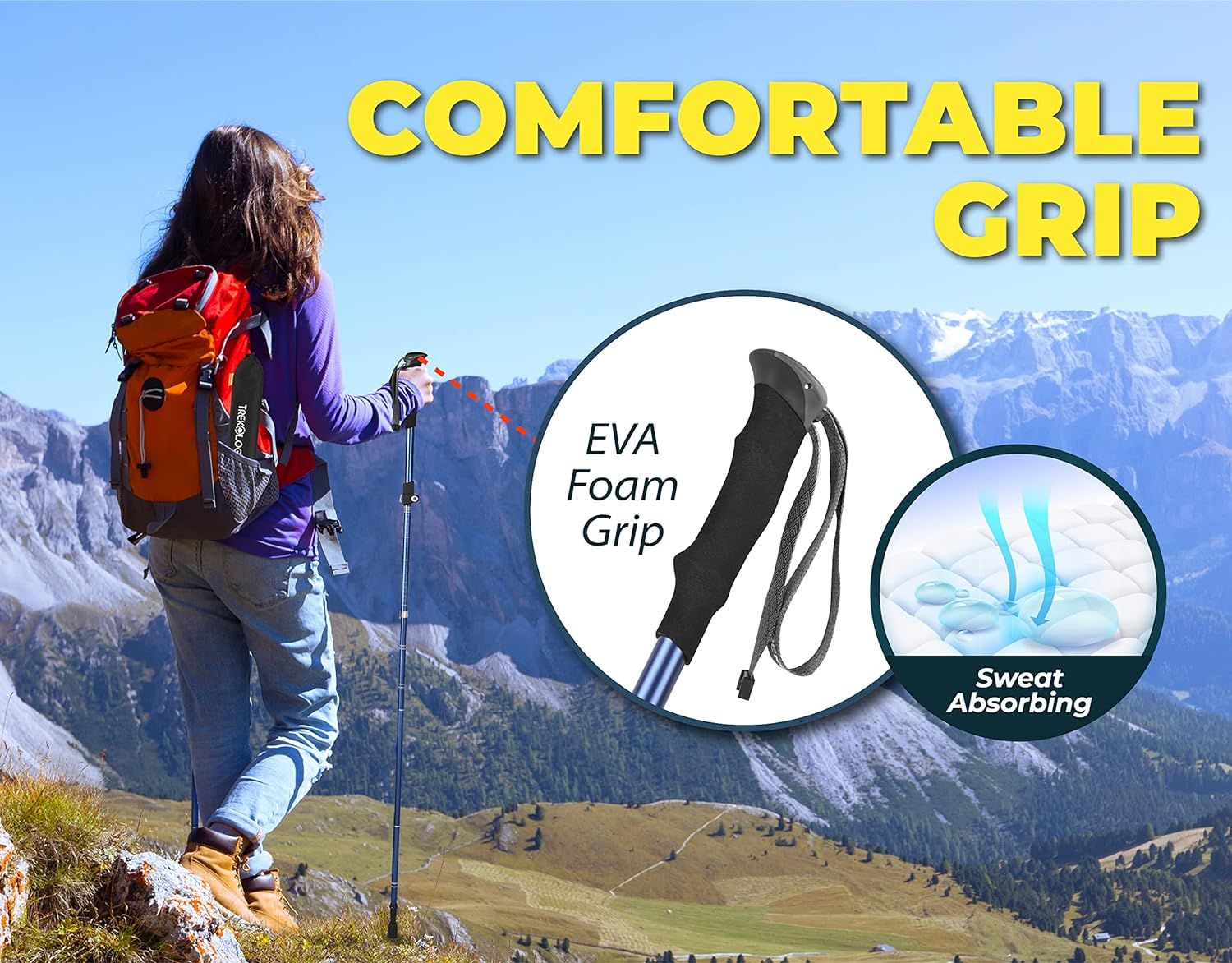 TREKOLOGY TREKZ SE Single Trekking Pole &ndash; Adjustable Folding Hiking Stick for Men & Women &ndash; Lightweight, EVA Foam Grip (Sweat Absorbing), Quick-Lock &ndash; Ideal for Hiking, Trail Running, Nordic Walking image number 2