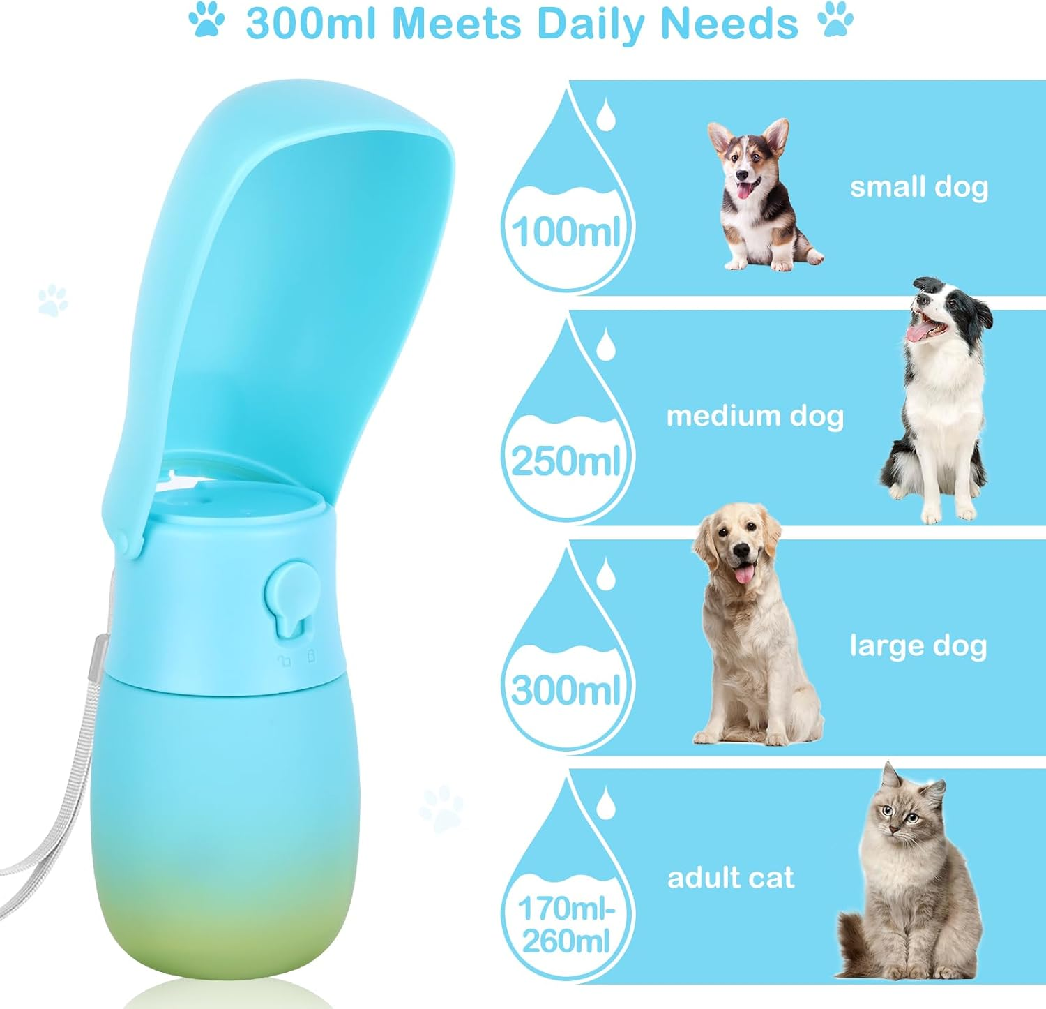 JOPHEK 300 Ml Portable Pet Water Bottle, 180&deg; Foldable Dog Cat Pets Leak-Proof Water Bottle, Dogs Cats Bottle with Activated Carbon Filter for Daily Walking, Walking, Travel, Camping image number 1