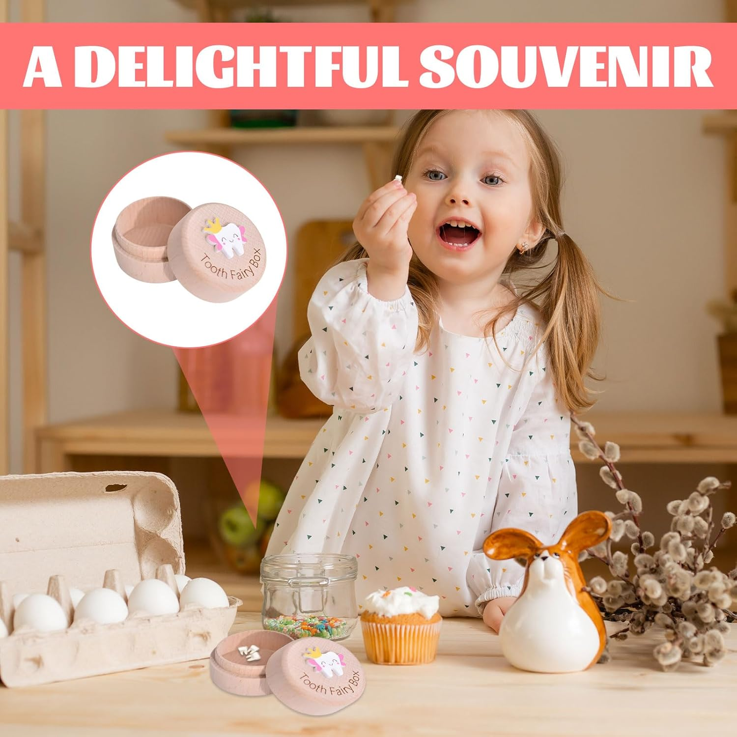 Halit Tooth Fairy Box,1 Pcs Tooth Box with 1Pcs Tooth Fairy Bag, 3D Carved Wooden Tooth Box Keepsake，Tooth Fairy Pouch for Girl,Tooth Holder for Kids Teeth with Tooth Fairy Bag Storage Gift image number 4