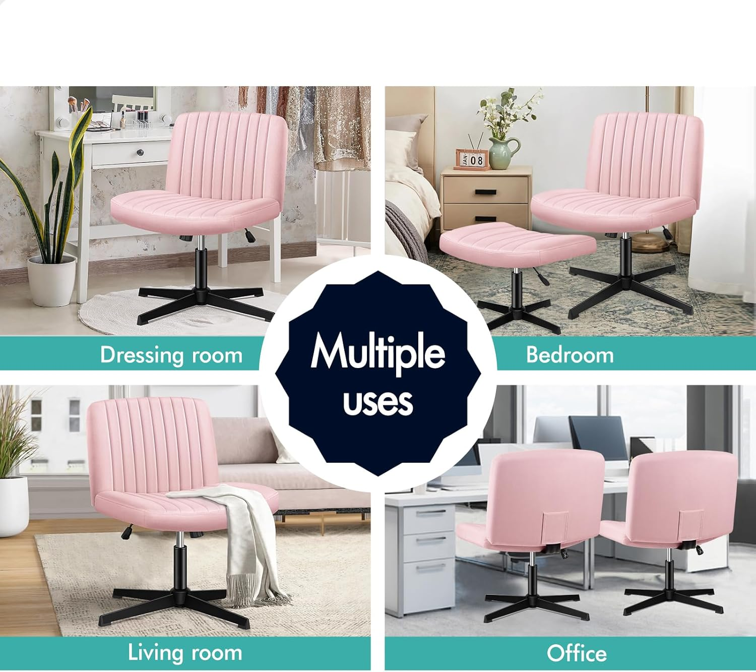 ALFORDSON Criss-Cross Desk Chair with Cross Leg Ottoman Stool, Xavi Series, Velvet Upholstery, Ergonomic Armless Office Chair with Channel-Tufted Mid-Back Design, 180Kg Capacity, Pink image number 2