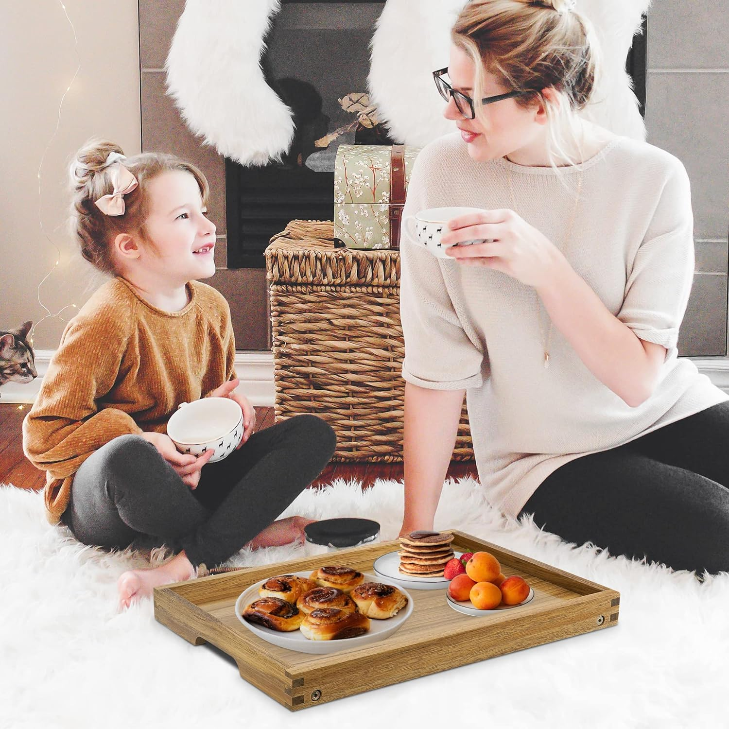 Vaefae Acacia Bed Table Tray, Wooden Breakfast Tray with Folding Legs, Bed Tray for Eating and Laptop, Eating Trays for Bedroom (Large) image number 4