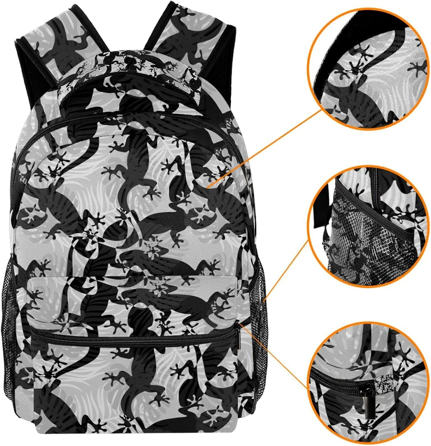 Monochrome Pattern with Ornate Tropical Lizards and Palm Leaves Backpack Students Shoulder Bags Travel Bag College School Tote Backpacks image number 2