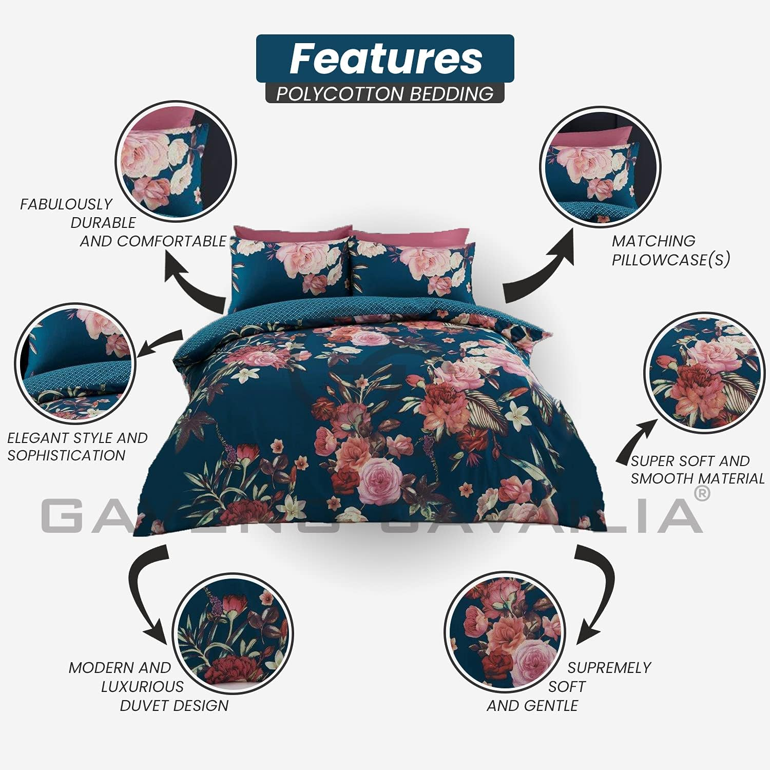 Blossom Duvet Set with Matching Pillowcases, Super Soft Floral Bedding Double Bed Set, Printed Quilt Covers, Teal image number 6