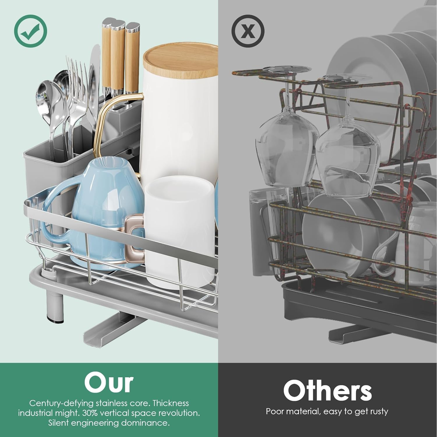 Sandream Dish Drying Rack, Dish Rack, Stainless Steel Dish Drainer for Kitchen Counter, Dish Rack with Draining Tray & Cutlery Utensil Holder, Kitchen Storage & Organisation(Grey) - Black image number 3