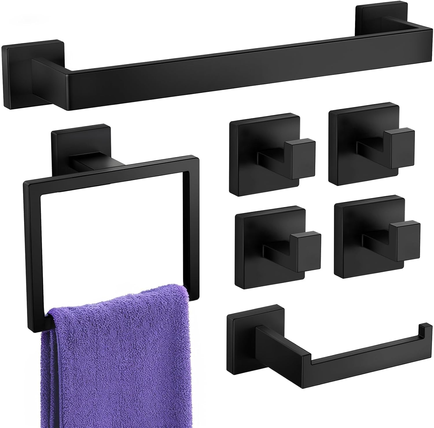 Towel Racks for Bathroom, 7 Pieces SUS304 Matte Black Bathroom Accessory Set, Stainless Steel Black Bathroom Accessories, Stainless Steel Wall Mounted, Bath Towel Bar Set image number 6