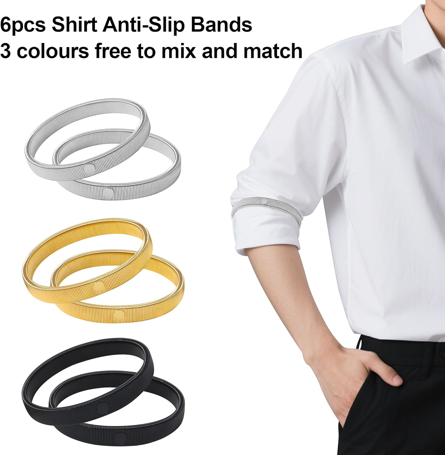 JUNART 6Pcs Anti-Slip Shirt Sleeve Holder, Elastic Wire Metal Arm Band for Fixing Long Sleeves, Suitable for Formal, Casual and Outdoor Activities image number 2