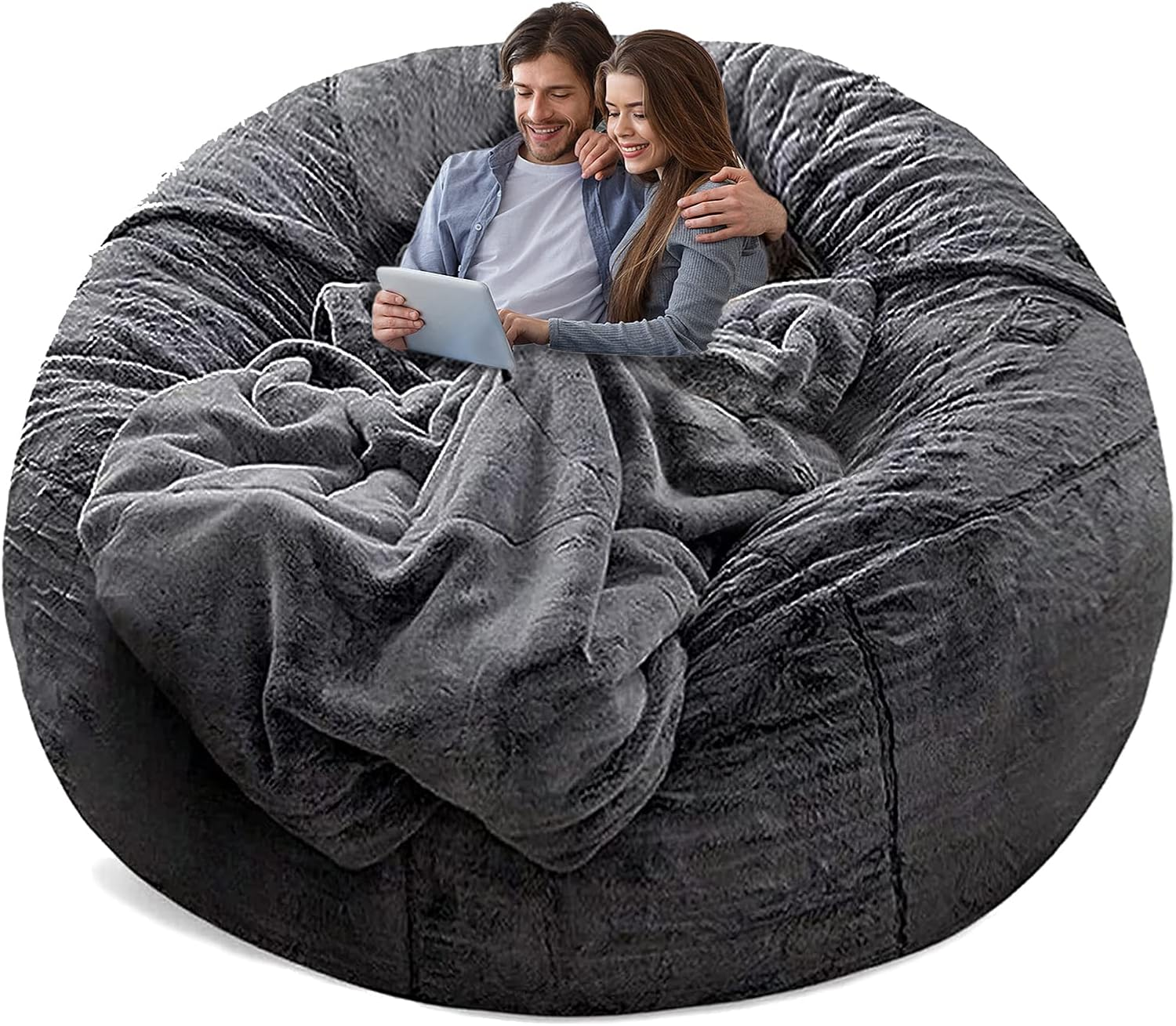 Yudoutech Bean Bag Chair Cover without Filler,Big round Soft Fluffy PV Velvet Washable Bean Bag Lazy Sofa Bed Cover for Adults,Living Room Bedroom Furniture Outside,150Cm Dark Grey. image number 4