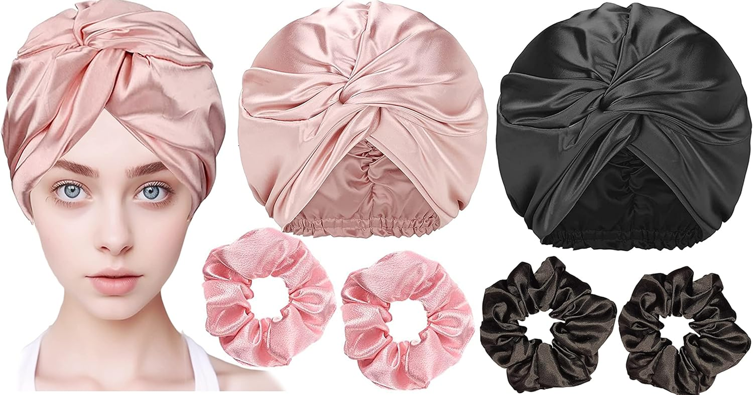 YBVABE Satin Bonnet and Scrunchies Set - Multipurpose Hair Cap and Shower Cap - 6Pack Silk Satin Accessories for Hair Protection and Style Preservation - Haircare Accessories for Women (Rose Gold & Purple)