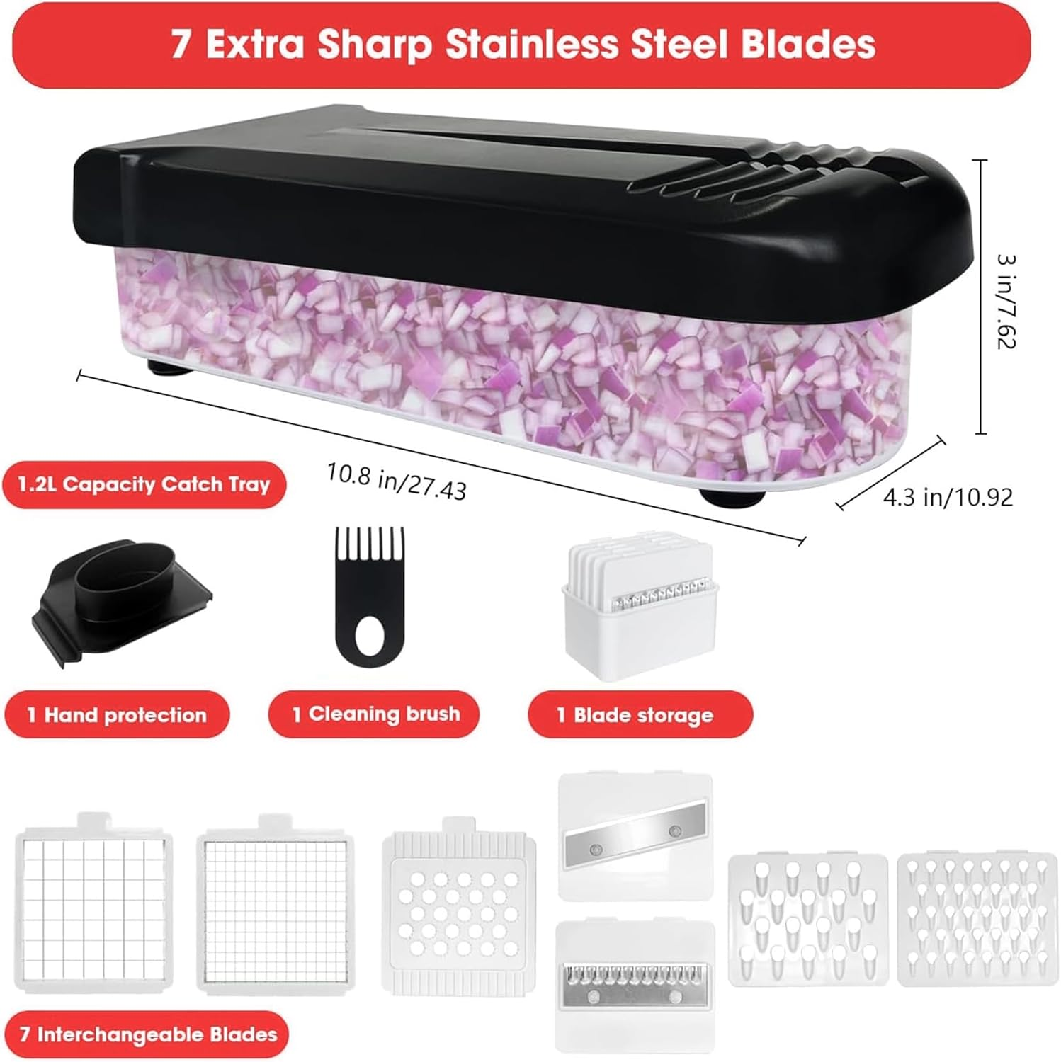 Vegetable Chopper Cutter Stainless Steel Slicer Cheese Grater Food Onion Salad Veggie Food Chopper with Container for Onion Salad (Black) image number 5