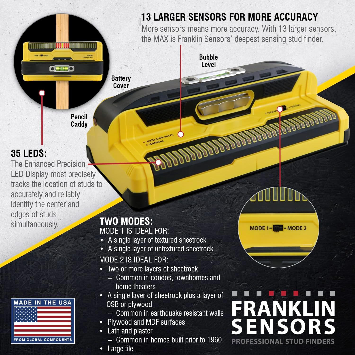 Franklin Sensors Prosensor MAX Stud Finder with 13-Sensors, Wood & Metal Stud Detector/Wall Scanner image number 3