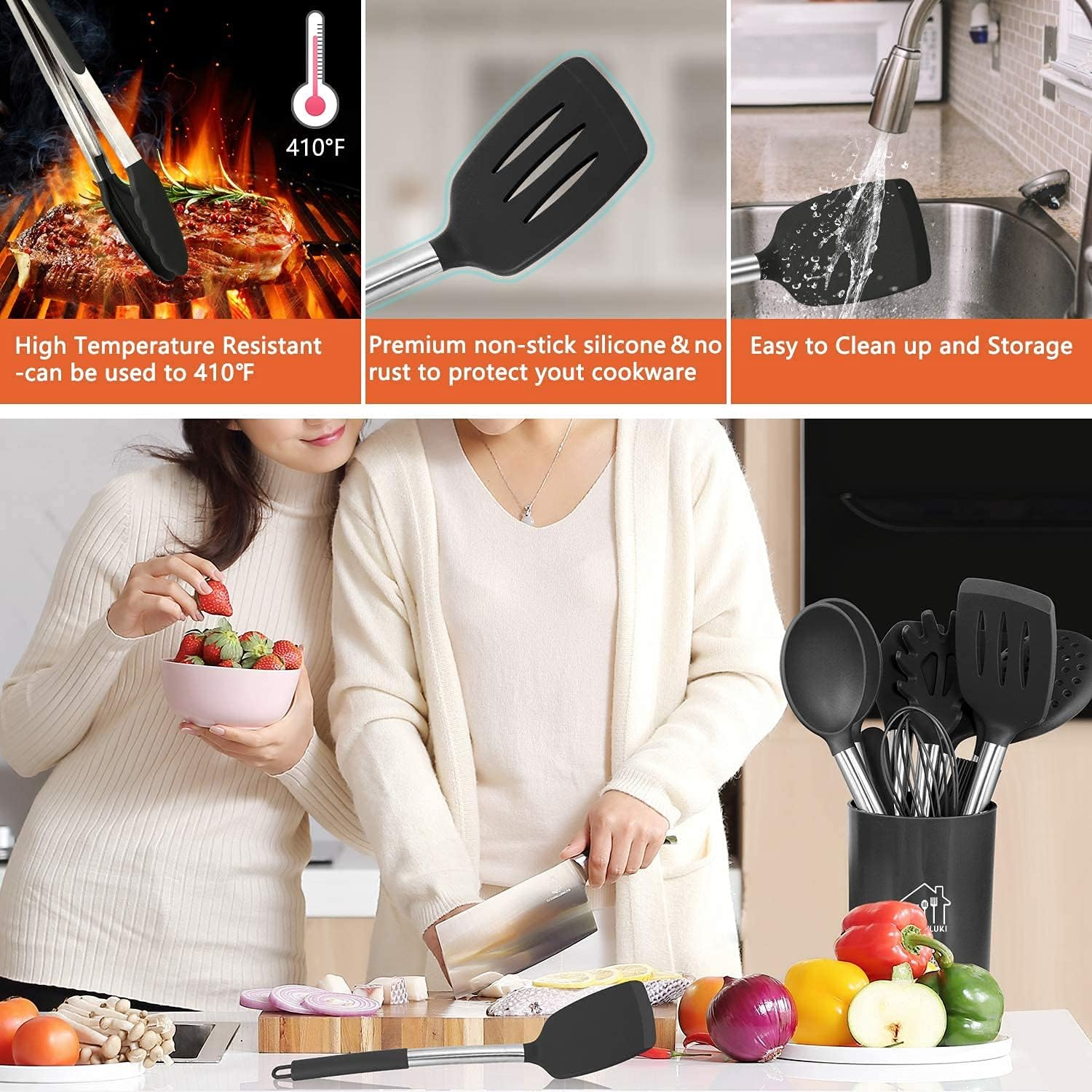 Kitchen Utensil Set Silicone Cooking Utensils Kitchen Gadgets Spoons for Nonstick Cookware-Silicone and Stainless Steel Spatula Set Best Kitchen Tools Useful Pots and Pans Accessories image number 5