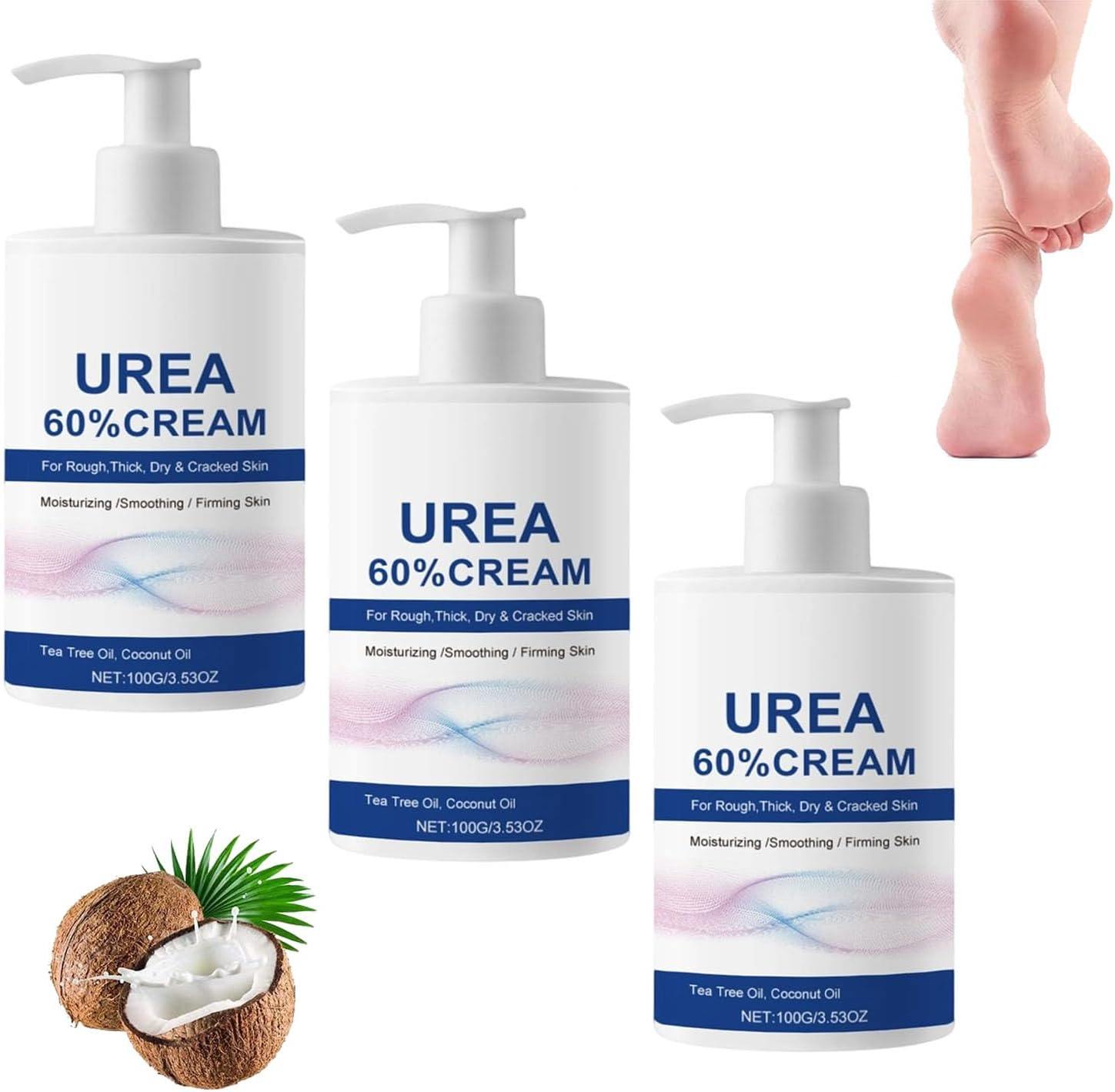 60% Urea Cream, Urea Foot Cream for Cracked Heels and Dry Skin- Urea Cream 60 Percent for Feet, Deeply Moisturizing and Softening, Moisturizer Care for Body Hands & Feet Knees (3Pcs)