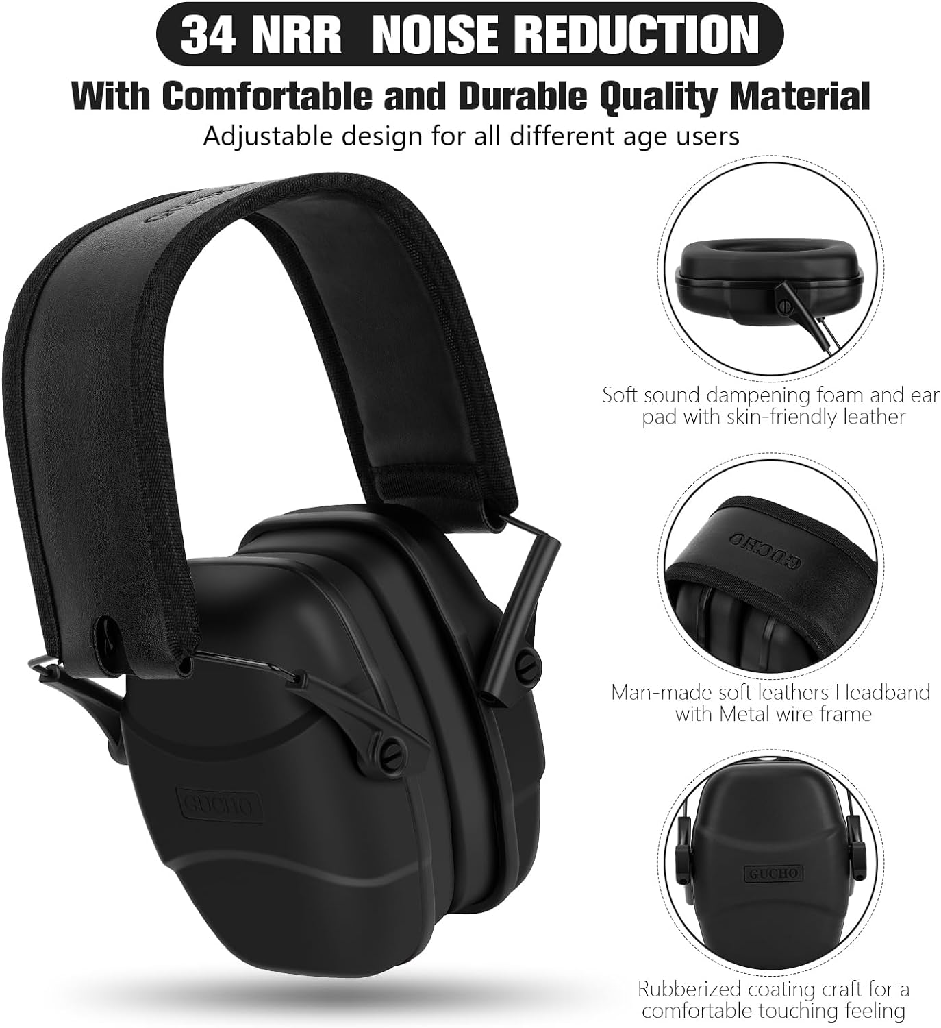 34 Db NRR Noise Reduction Safety Shooting Ear Muffs,Shooters Hearing Protection Adjustable Ear Muff,Ear Defenders for Hunting - Black image number 4