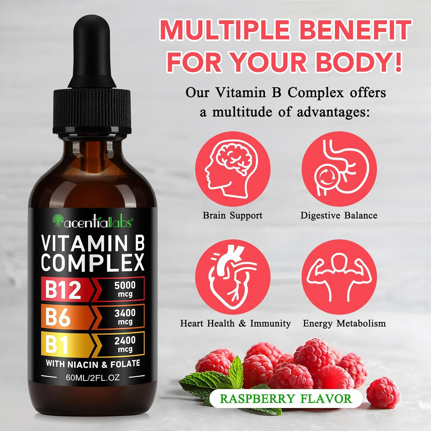 Vitamin B Complex Liquid Drops 60Ml | B12 5000 Mcg, B6 3400 Mcg, B1 2400 Mcg | Plant-Based B-Complex with Niacin & Folic Acid | Fast-Absorbing Sublingual Drops | Natural Raspberry Flavour image number 5