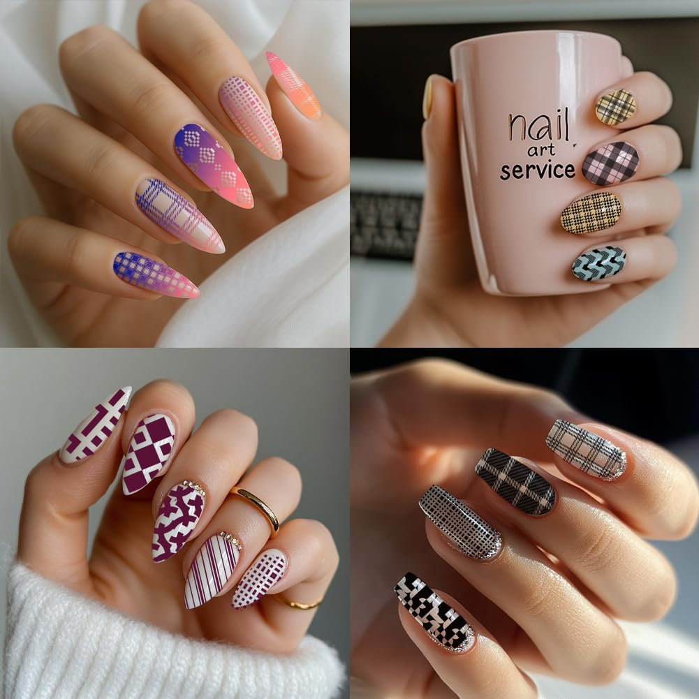 PH Pandahall 3Pcs Classic Plaid Pattern Nail Stamp Plate Tartan Nails Art Stencils Stainless Steel Nail Image Plate Plaid Pattern Print Art Template for Women DIY Printing 4.7X2.3 Inch image number 4