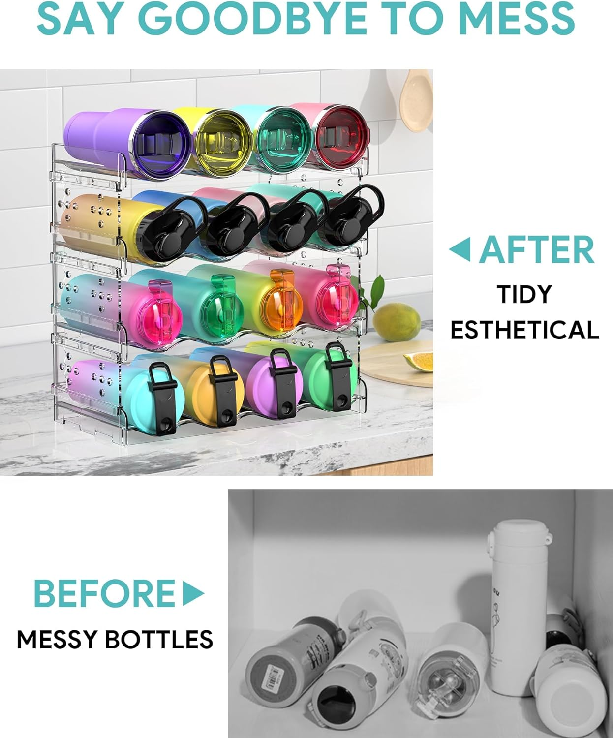 Water Bottle Organiser, Water Bottle Holder Plastic Stackable Water Bottle Storage Rack for Kitchen Cabinets, Countertop, Pantry Storage and Fridge, Free-Standing Kitchen Storage Holder (16 Bottle) image number 1