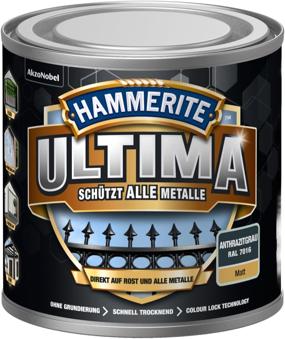 Hammerite Ultima Matt, Metal Protective Paint, High-Quality Protective Paint for All Metals Outdoors, Traffic Grey RAL 7042, 750 Ml