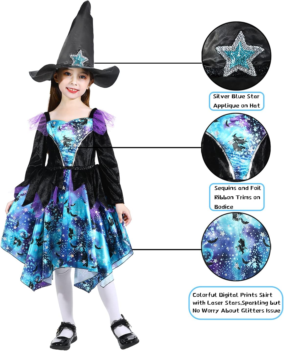 Children'S Halloween Witch Costume, Sparkling Blue Witch Dress with Hat, Halloween Witch Dress for Girls 7-8 Years image number 4