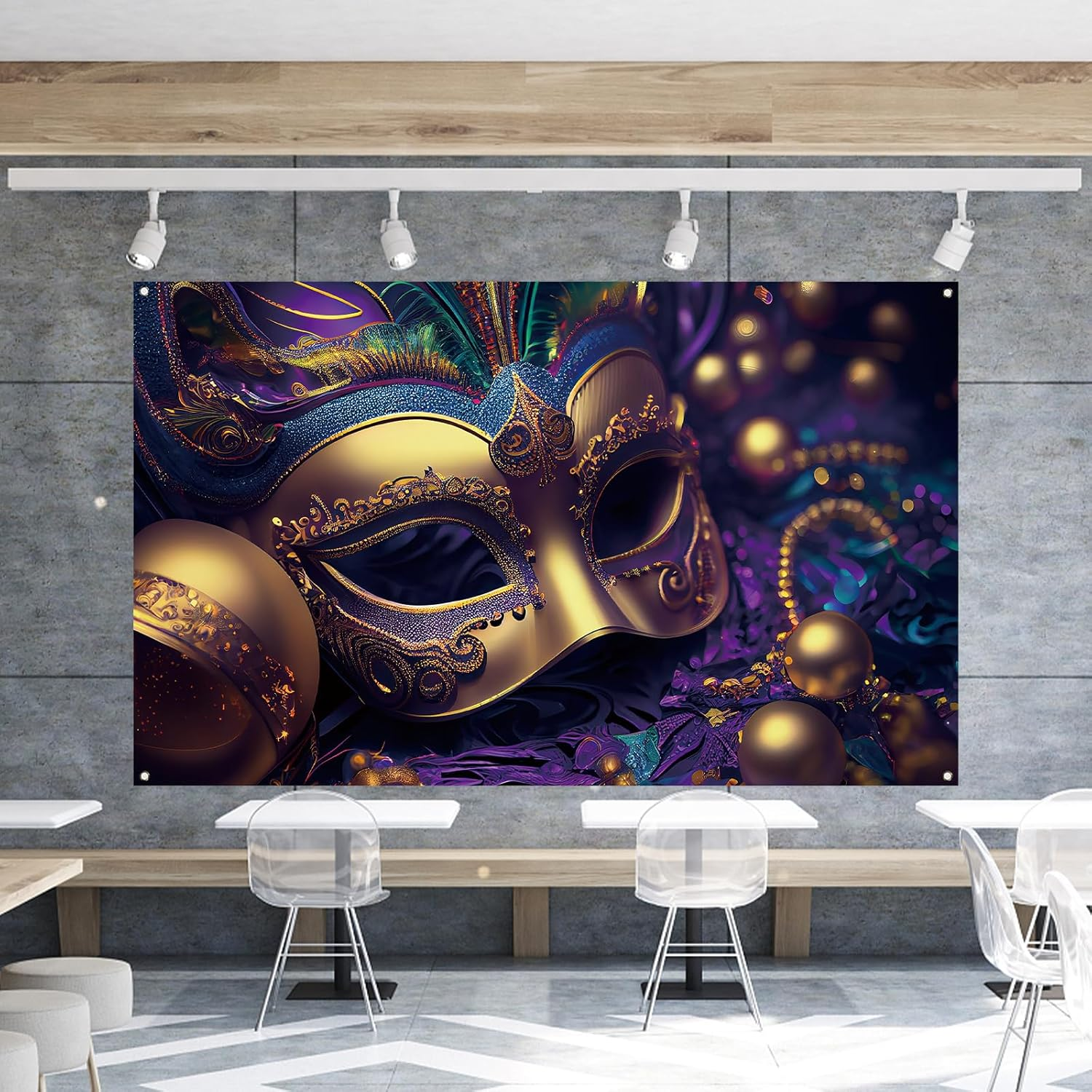 Mardi Gras Photo Backdrop Purple Mask Beads Banner Fat Tuesday Brazil Carnival Masquerade Party Birthday Decorations and Supplies for Home-71&times;43'' image number 1