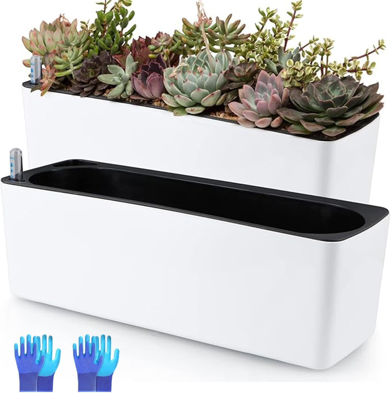 Self Watering Planters Rectangular Window Herb Planter Box for Indoor Plants Garden Balcony, Window Sill Planters with Water Gauge Indicator (2Pcs) image number 2