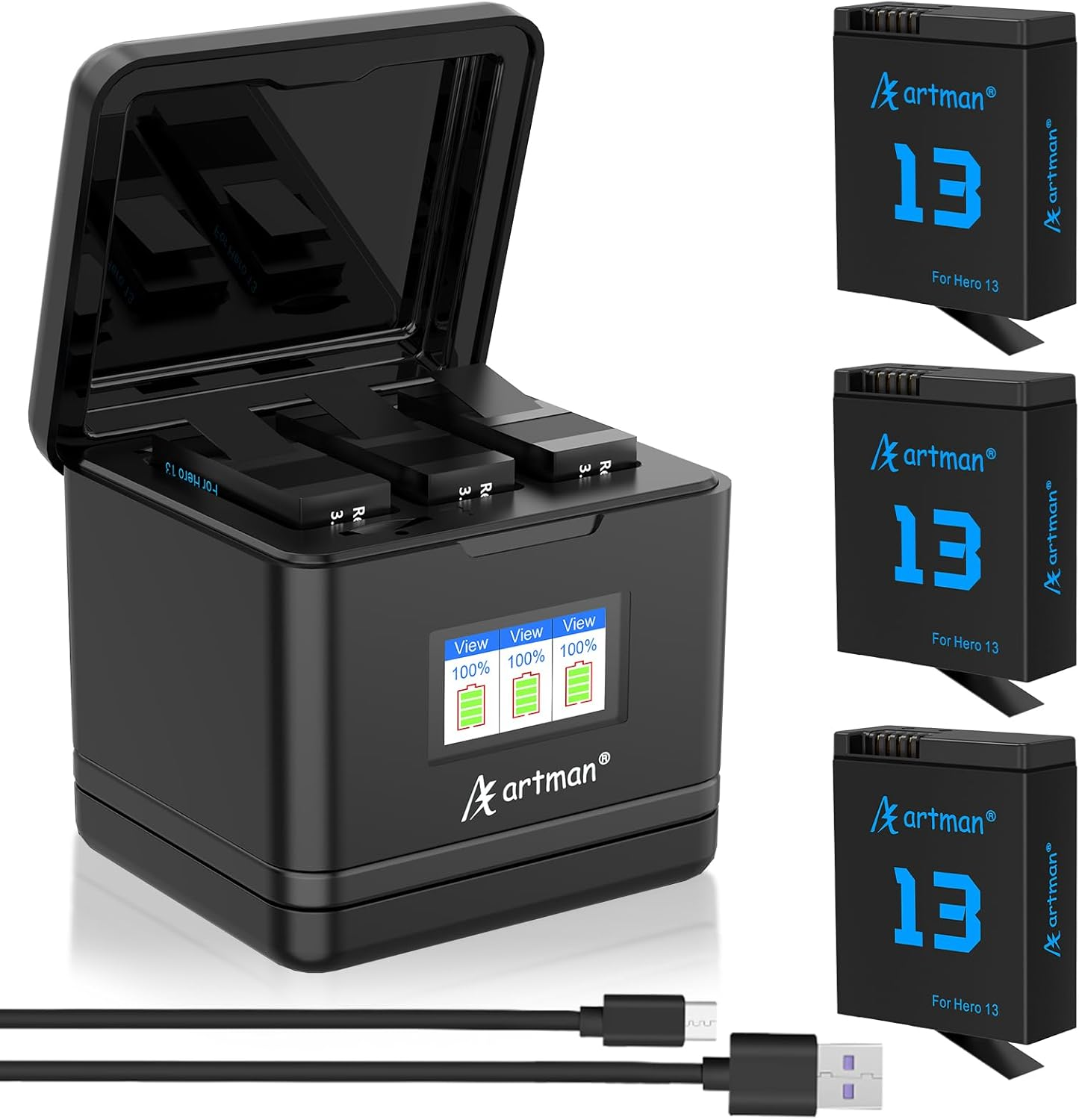 Artman Hero 13 Battery 2300Mah for Hero13 Black Camera, LCD 3-Slot Fast USB-C Charger Fully Compatible with Gopro Hero 13 Batteries and Charger (3-Pack) image number 1