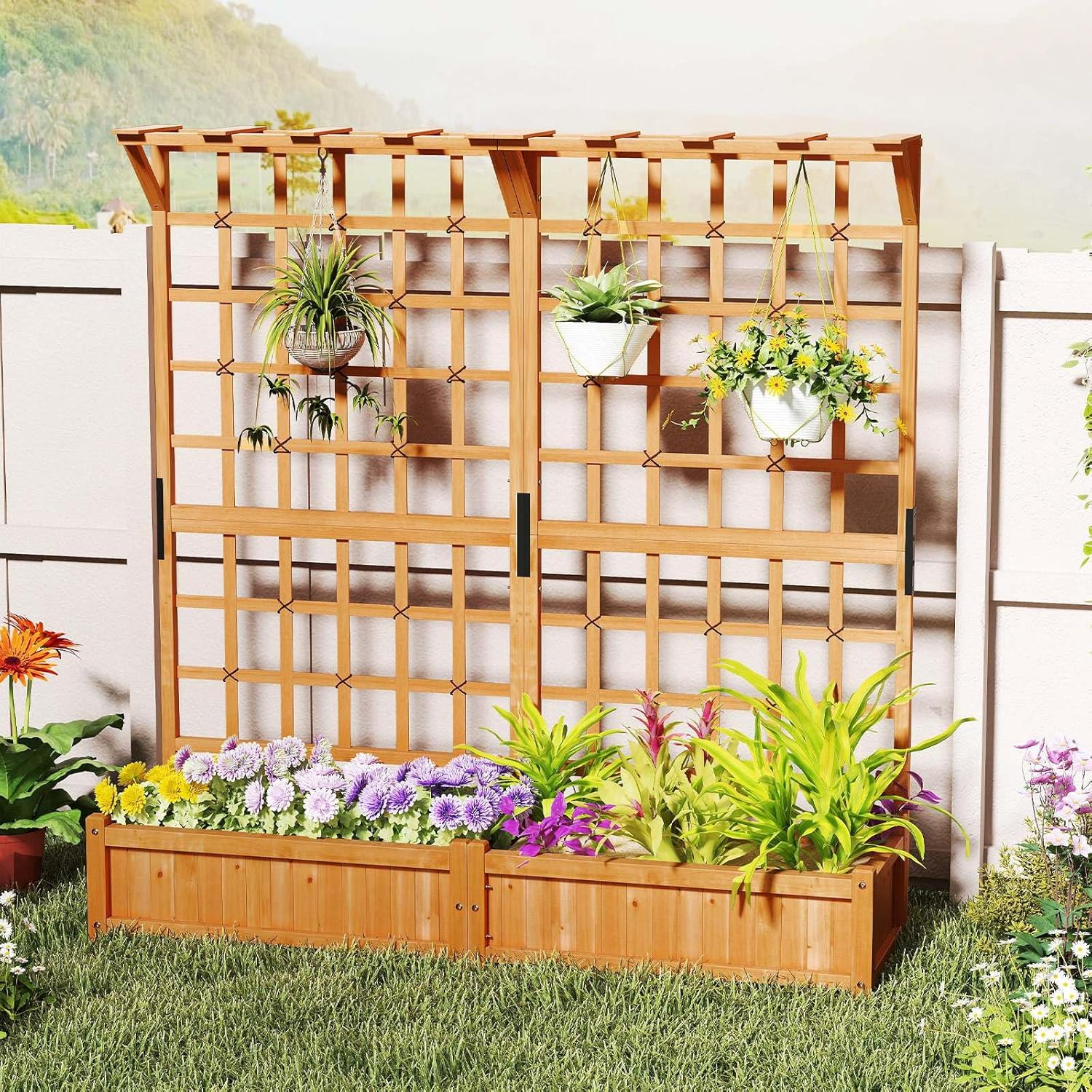 Costway 183 CM Tall Large Raised Garden Bed W/Lattice Trellis, Hanging Roof, Drainage Holes, Elevated Wooden Planter Box for Vine Climbing Plant Flower Herb Vegetable, Indoor Outdoor Patio Balcony - Coffee image number 4