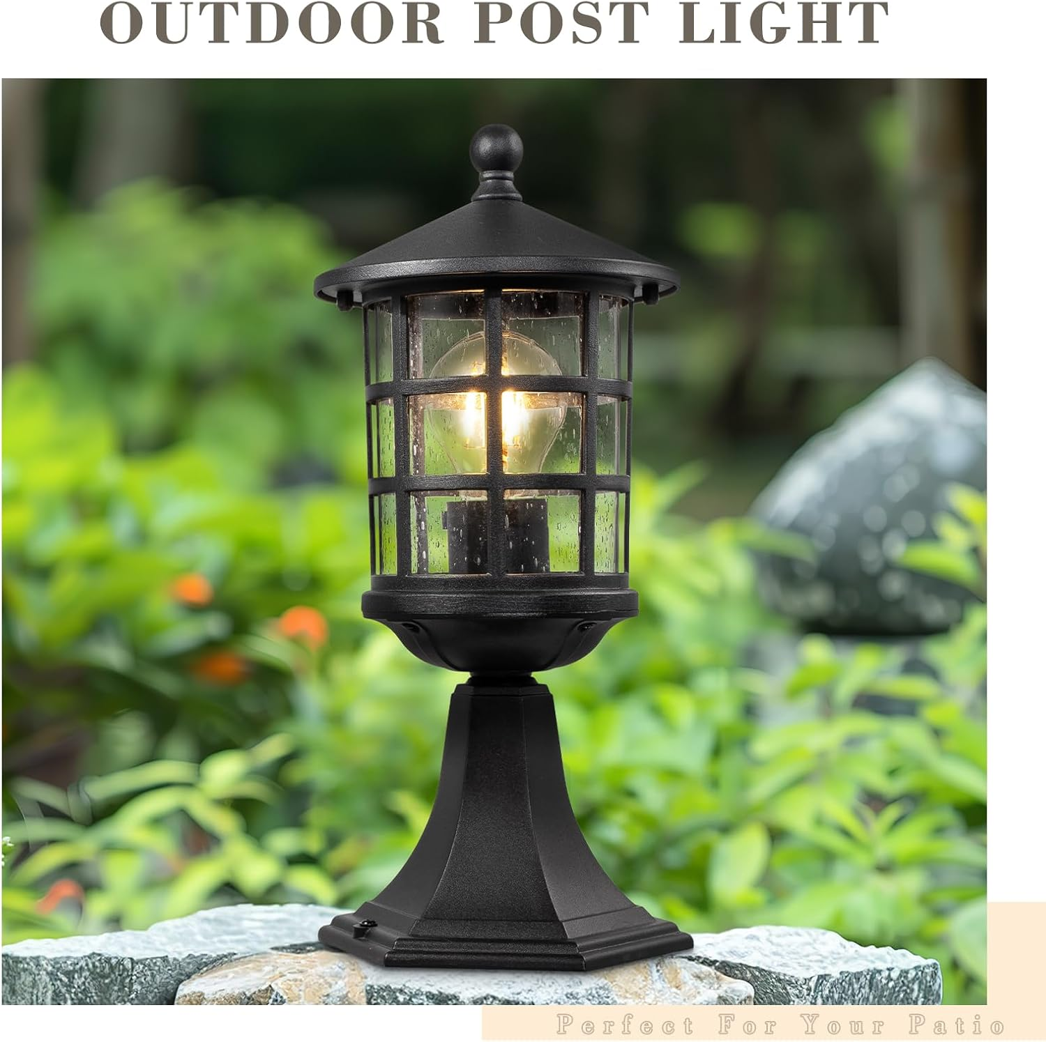 EMLIVIAR Outdoor Post Lantern, Modern Exterior Lamp Post Light Pole, 13.4 Inch Aluminum with Seeded Glass, Black Finish, AUXE222P BK image number 3
