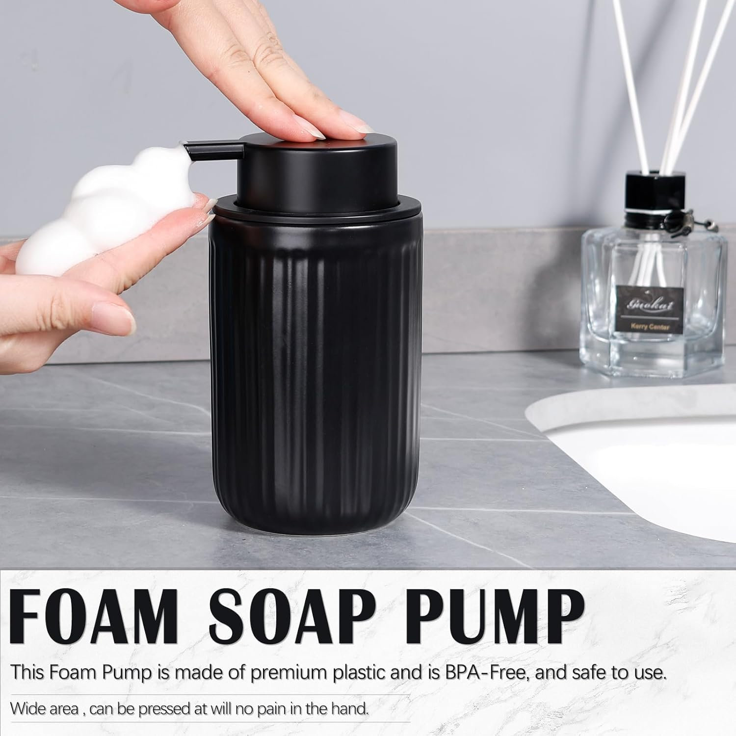 Umlaca Foam Soap Dispenser Black Ceramic Foaming Soap Dispenser for Bathroom, 320Ml Refillable Liquid Lotion Hand Soap Dispenser with Rust-Proof Foaming Pump for Countertop image number 2