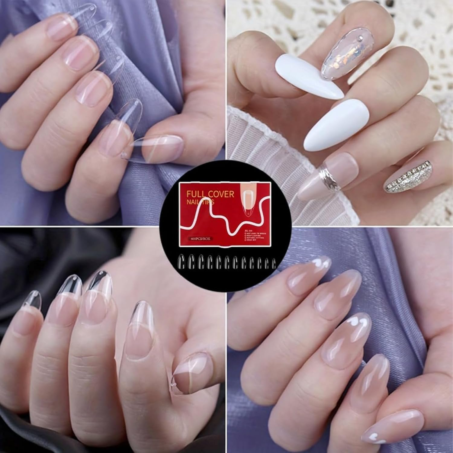 RODISHOMM 600 Pcs Short Almond Nail Tips - Cover Fake Nails for Extensions, Acrylic Nails for Salon & Home Use, 12 Sizes