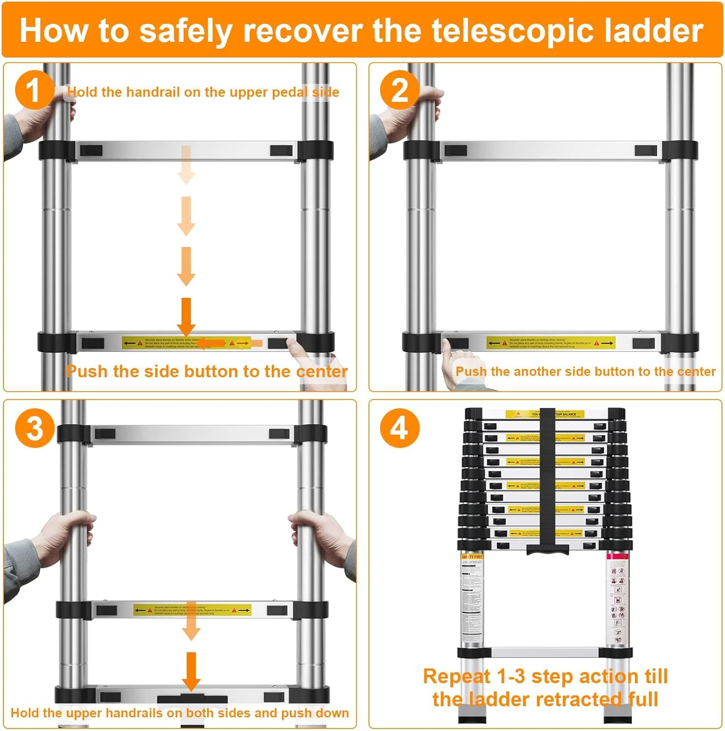 3.8M/12.5FT Telescoping Ladder- Multi-Purpose Aluminum Extension Ladder Adjustable Compact Ladder for Household, RV, Outdoor, 150Kg Max Capacity image number 5