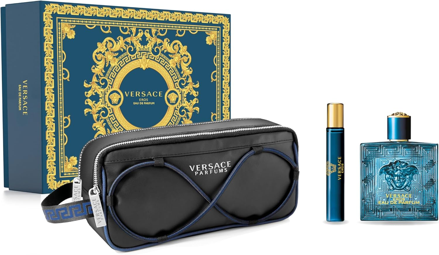 Versace Eros by Versace for Men - 3 Pc Gift Set - 3.4Oz EDP Spray, 0.3Oz EDP Spray, Pouch