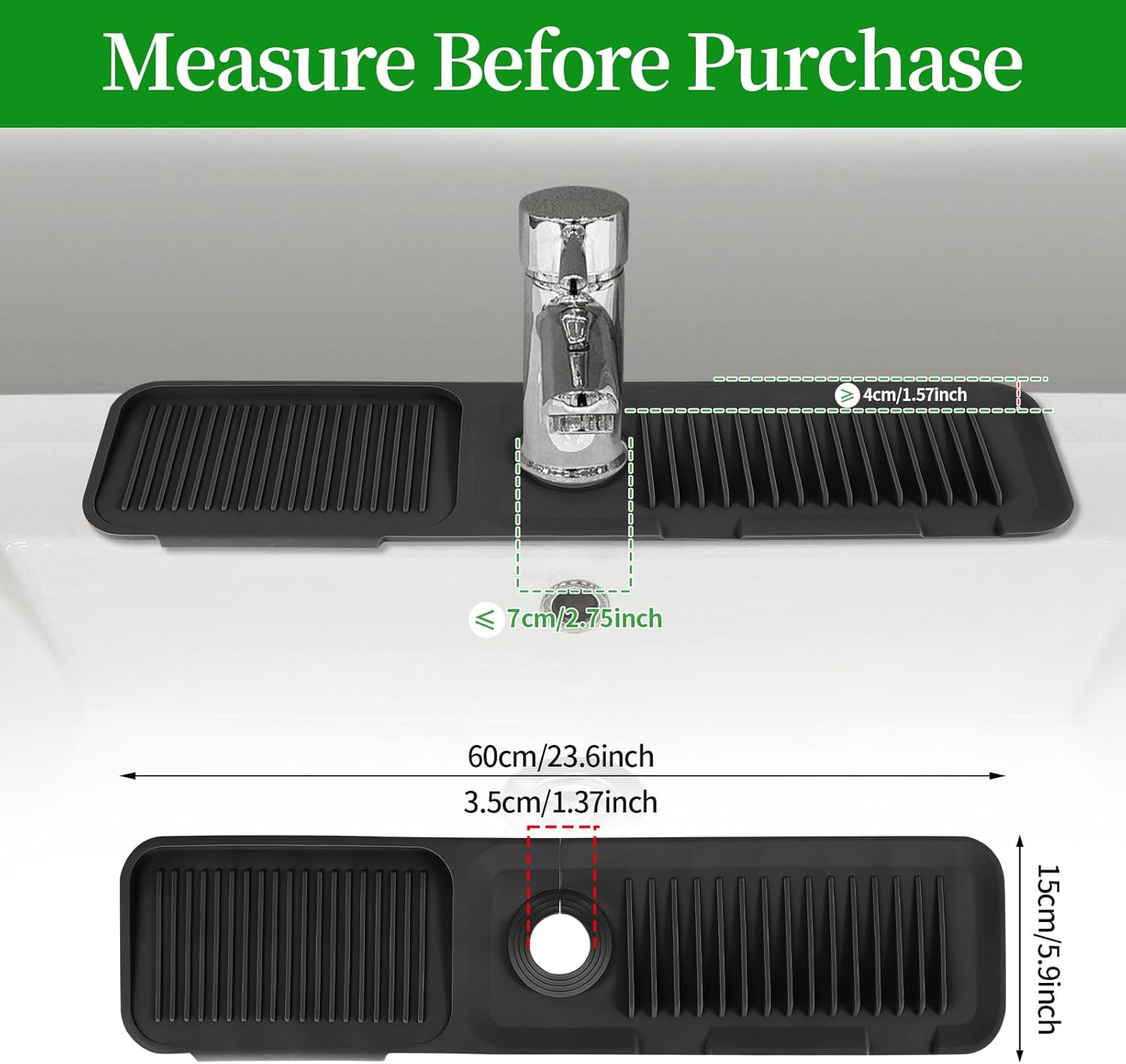 Dolic Faucet Mat for Kitchen Sink, Silicone Splash Guard with Rapid Drying & Dish Soap Sponge Holder, Perfect for Kitchen & Bathroom (Black, 61 X 15Cm)