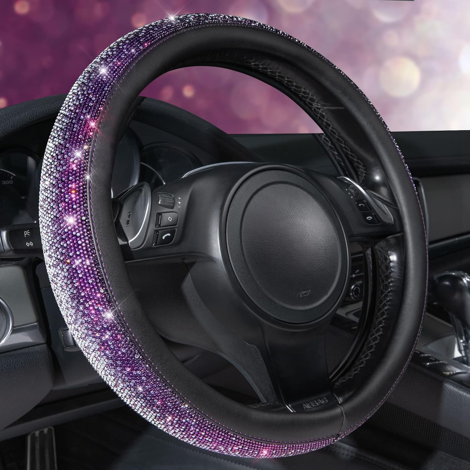Flying Banner Diamond PU Leather Steering Wheel Cover, with Bling Crystal Rhinestones Universal Fit 14" 1/2-15" Crystal Glitter Fit Suvs,Vans,Sedans,Cars,Trucks (Violet Silver) - Blue image number 7