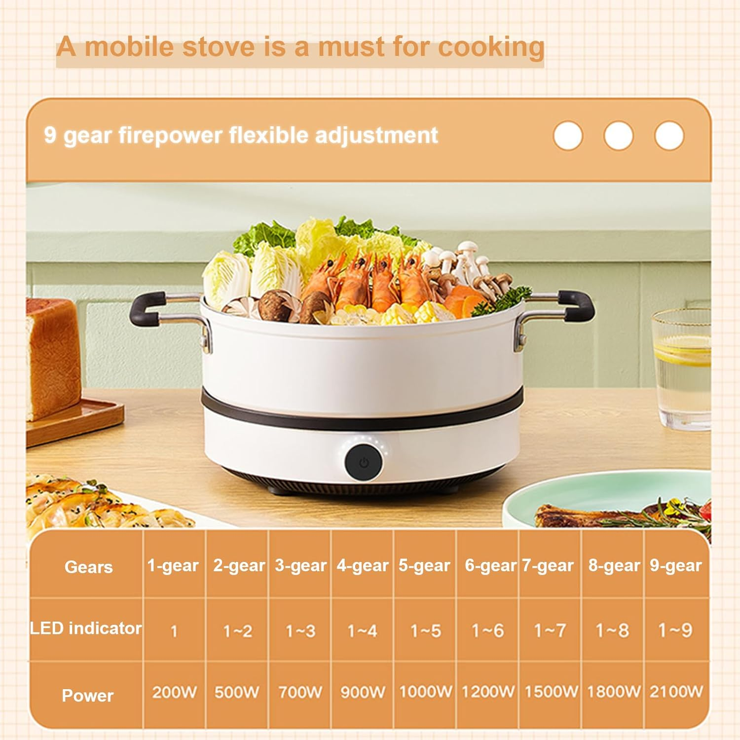 Xiao Mi MIJIA Portable Induction Cooker, 2100W Electric Cooktop Countertop Burner, 9-Level Power Knob Control, Low Noise Hot Plate (AU Adapter) image number 6