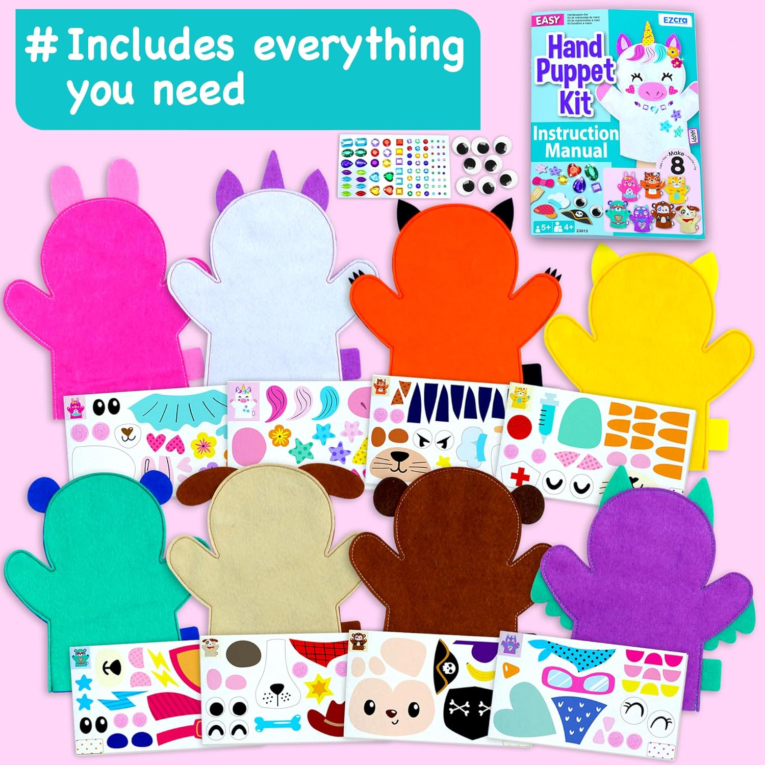 Unicorn Hand Puppet Making Kit for Kids Age 5-8 - DIY Puppet Making Craft Kit - Creative Arts & Crafts Set, Educational Gift - 8 Projects, Extra Stickers for Decoration
