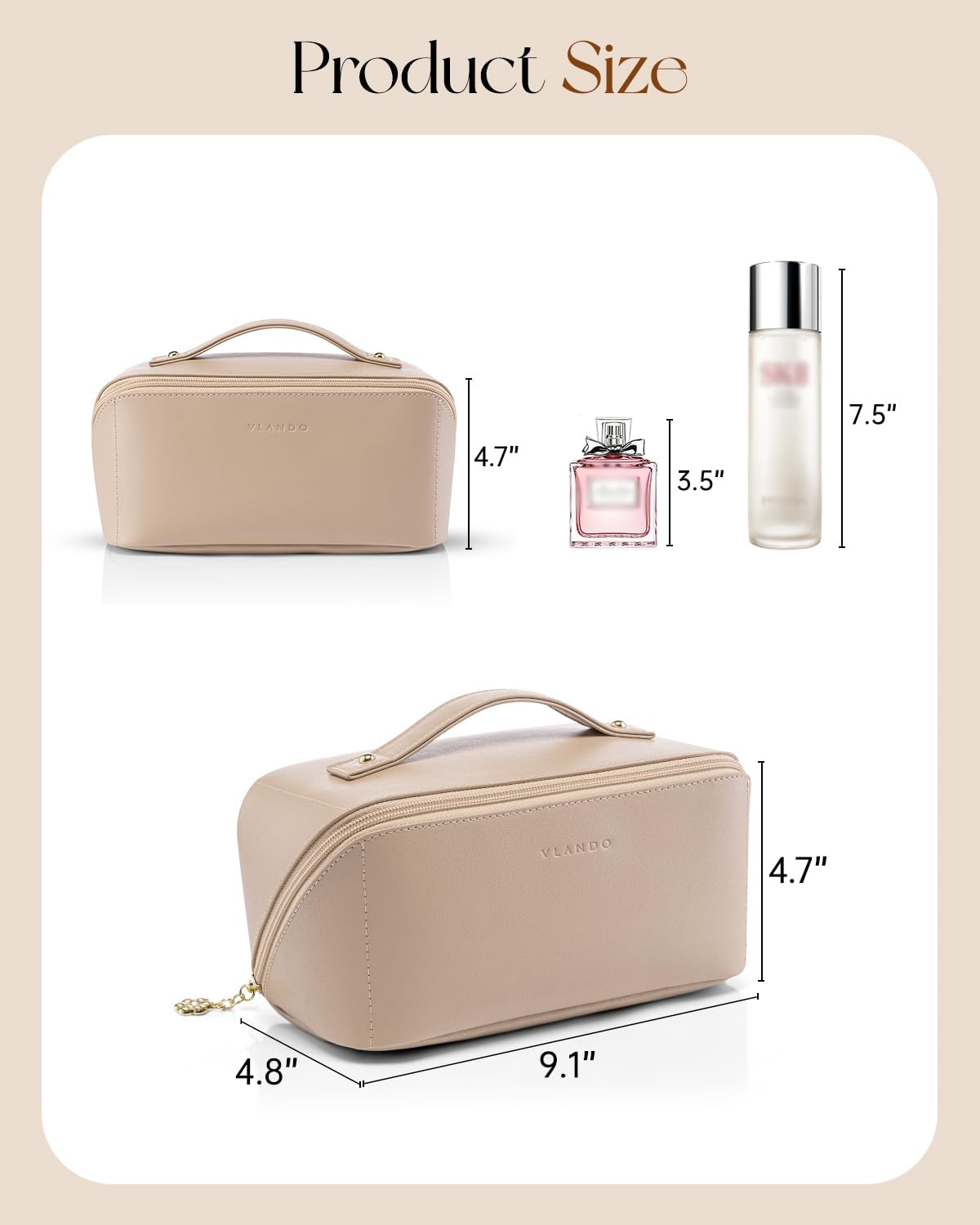 Vlando Travel Makeup Bag,Toiletry Bag for Women PU Leather Open Flat Make up Bag, 01.Toffee, Classic Elegant image number 5