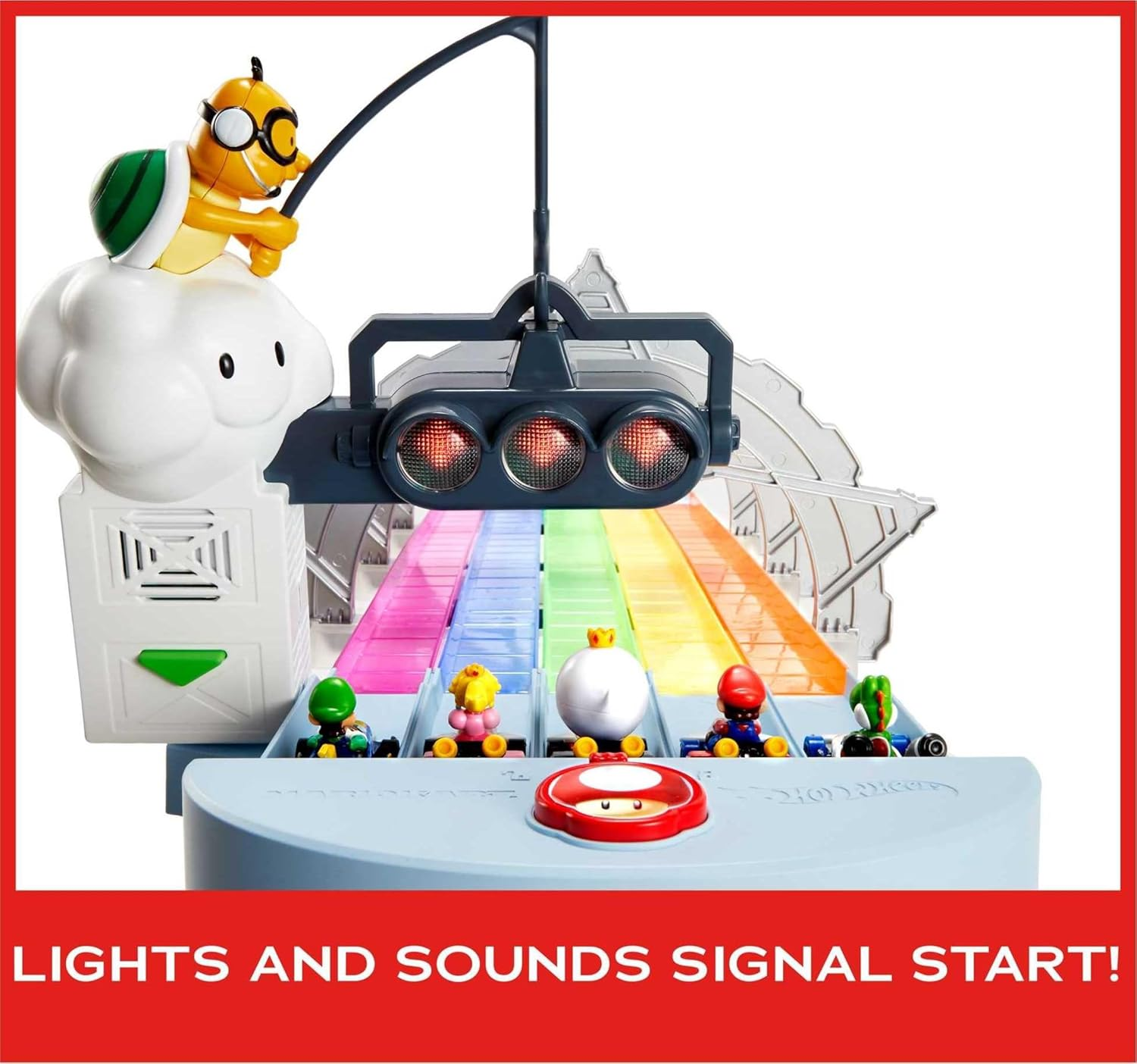 Hot Wheels Mario Kart Rainbow Road Raceway 8-Foot Track Set with Lights & Sounds & 2 1:64 Scale Vehicles, Race with 5-Track Colorful Course with 2 Configurations, Toy for Kids Ages 4 Years Old & Up image number 6