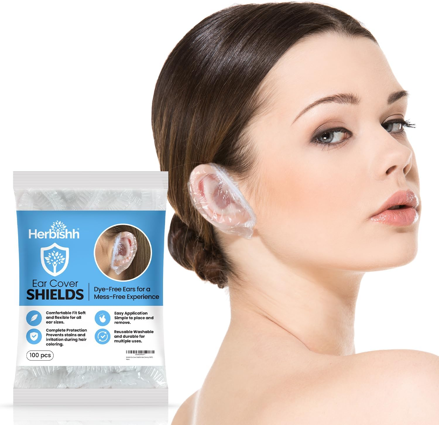 Herbishh Hair Color Ear Shield Covers, Reusable Hair Dye Stain Protection for Ears, Disposable & Waterproof Plastic Ear Shower Caps for Men & Women, Ideal for Salon & At-Home Use, 100 Pieces