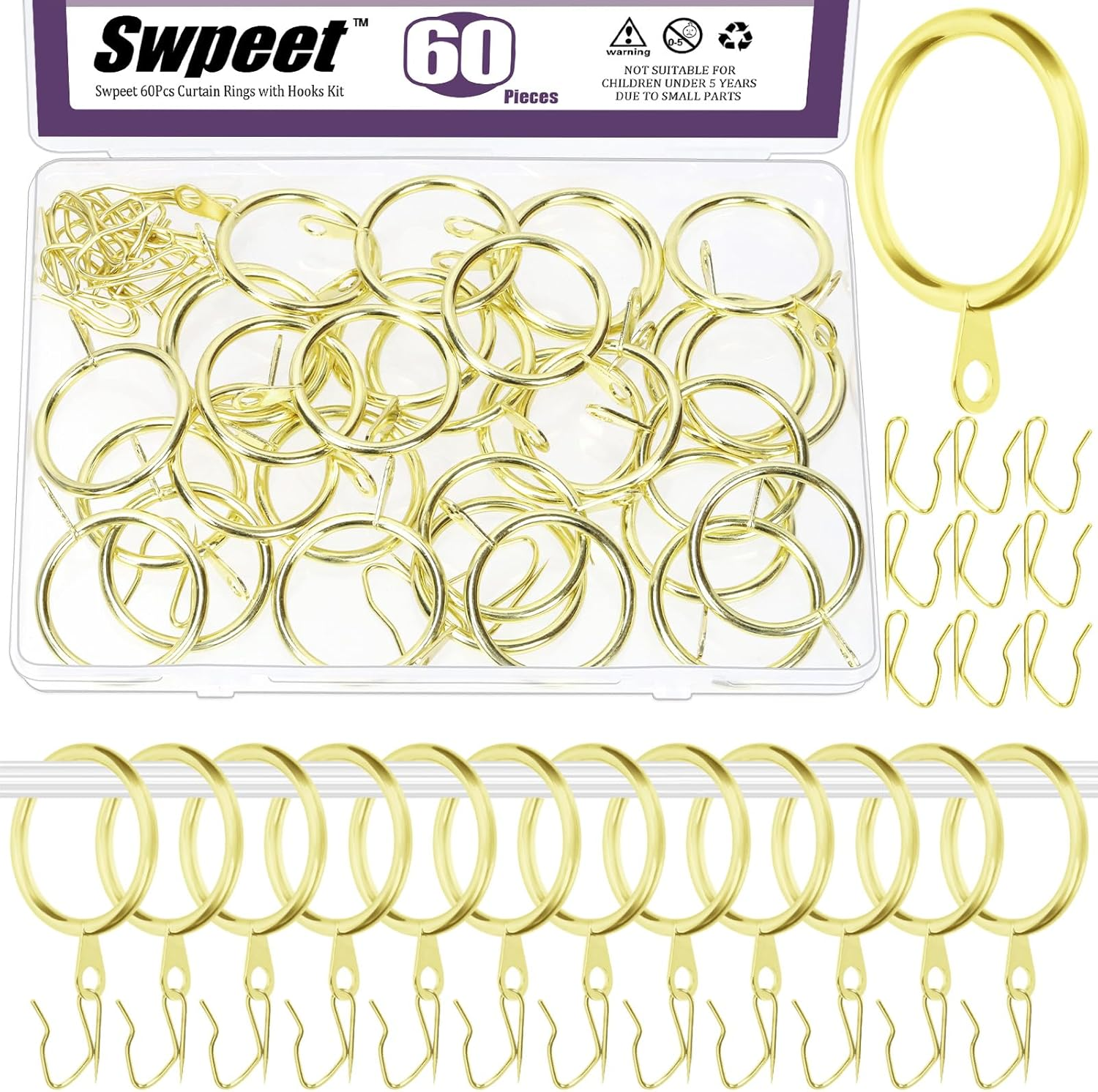 Swpeet 60Pcs 50Mm/2" Inner Diameter Black Metal Curtain Ring with Pin-On Drapery Hooks Assortment Kit, Drape Sliding Eyelet Ring Metal Curtain Hooks, for Window Door Shower Curtain