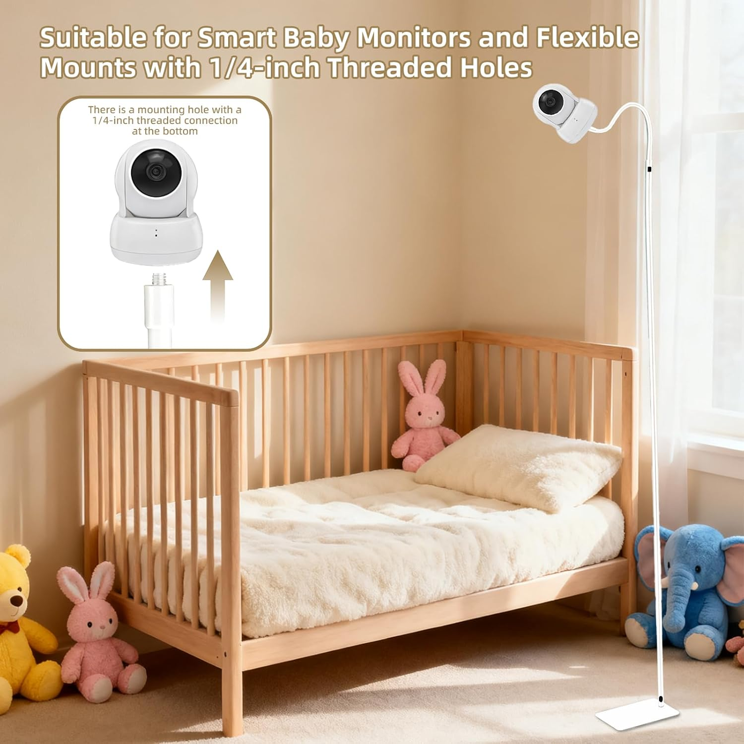 Baby Monitor Floor Stand Holder with 67 Inch Adjustable Height, Prevent Infants from Touching and Non-Slip Base, Compatible with All Monitors with 1/4 Threaded Hole or Any Cameras with 1/4 Screw Mount image number 1