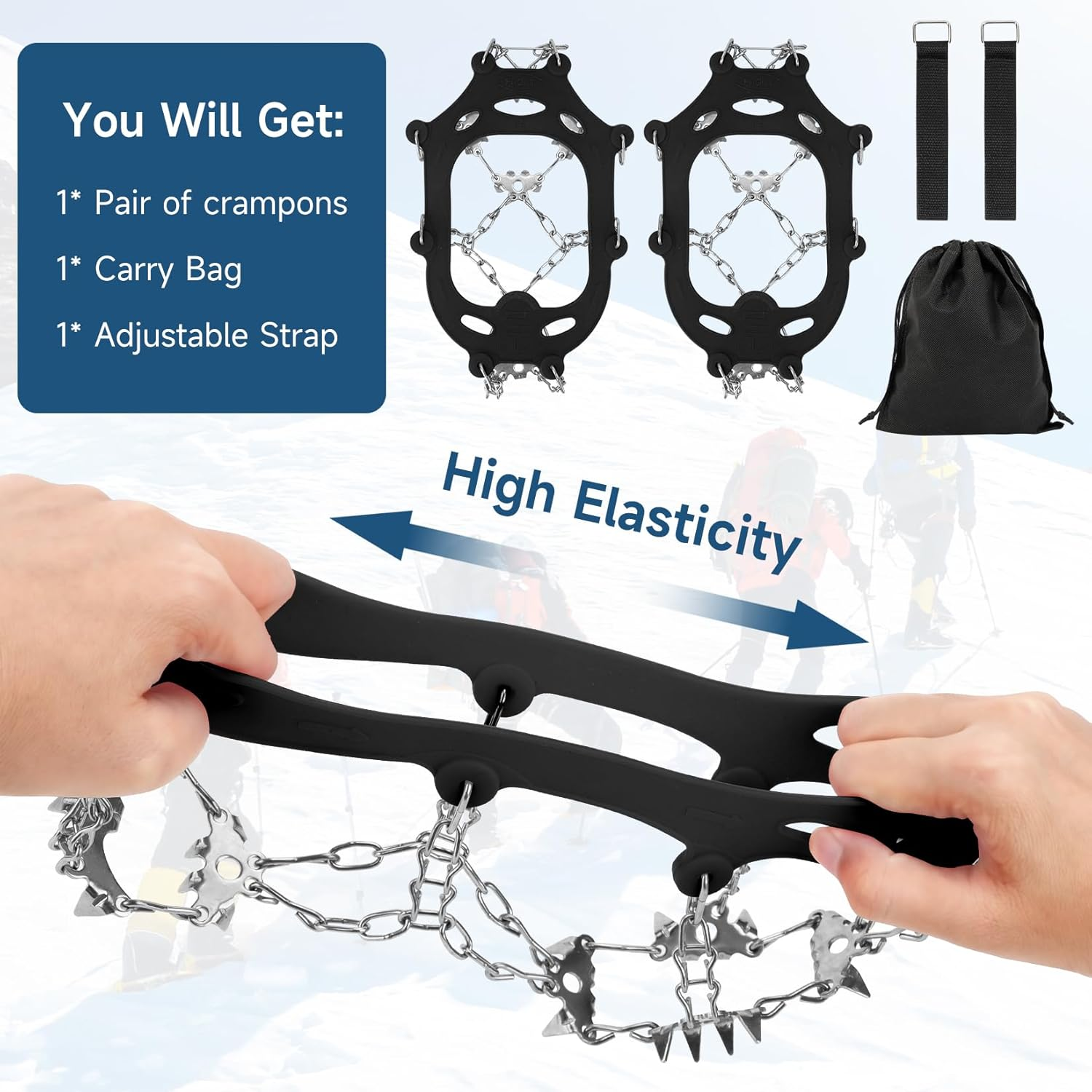 KOMCLUB Crampons Ice Cleats for Snow Boots and Shoes Traction Grips Women Men anti Slip 19 Stainless Steel Spikes Safe Protect for Hiking Walking Fishing Climbing Mountaineering Jogging L/XL image number 3