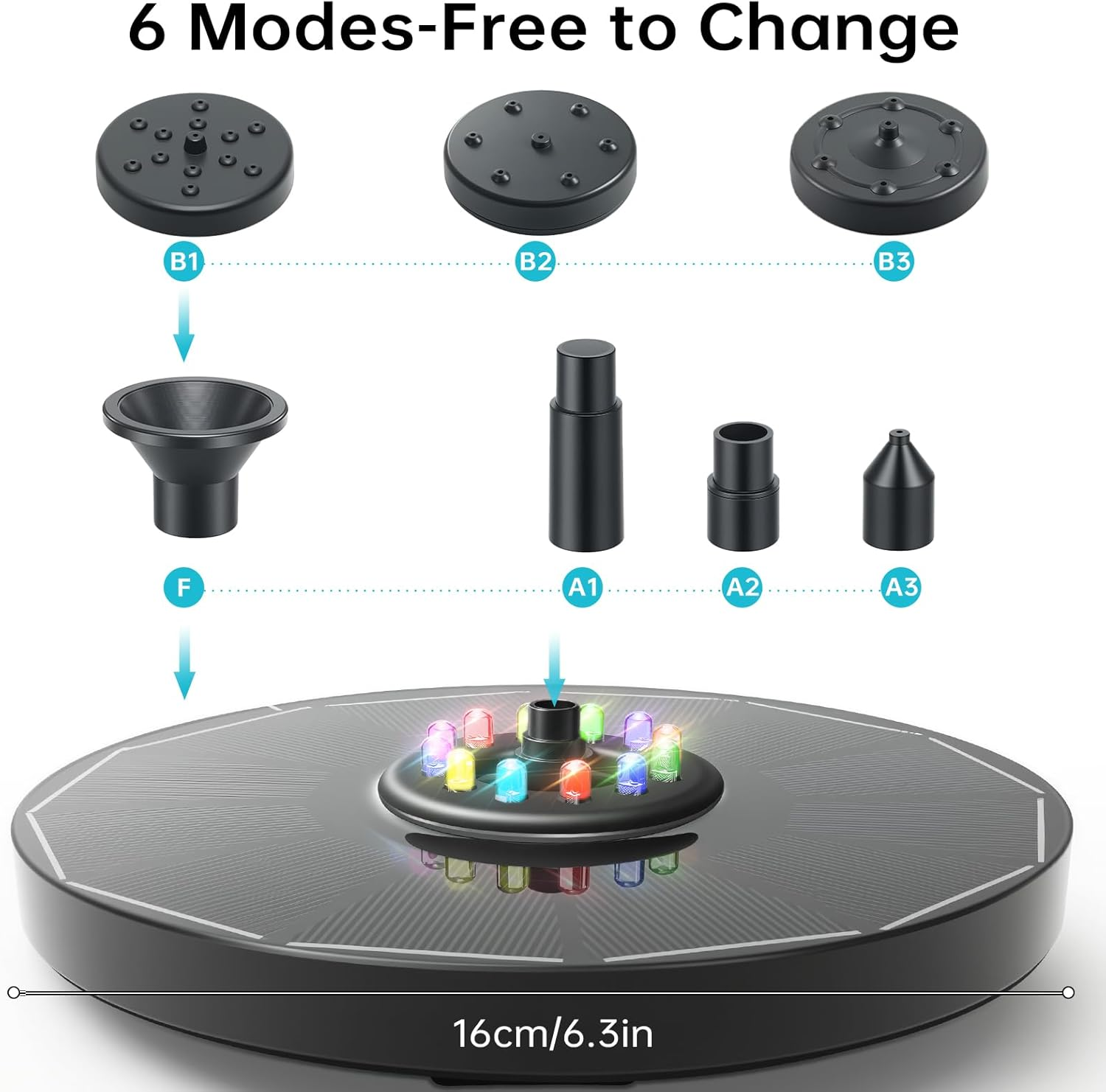 16CM Solar Powered Water Fountain with LED Lights, Outdoor Garden Decor Floating Pool Fountain for Bird Baths, Ponds, Patios, and Pools image number 4