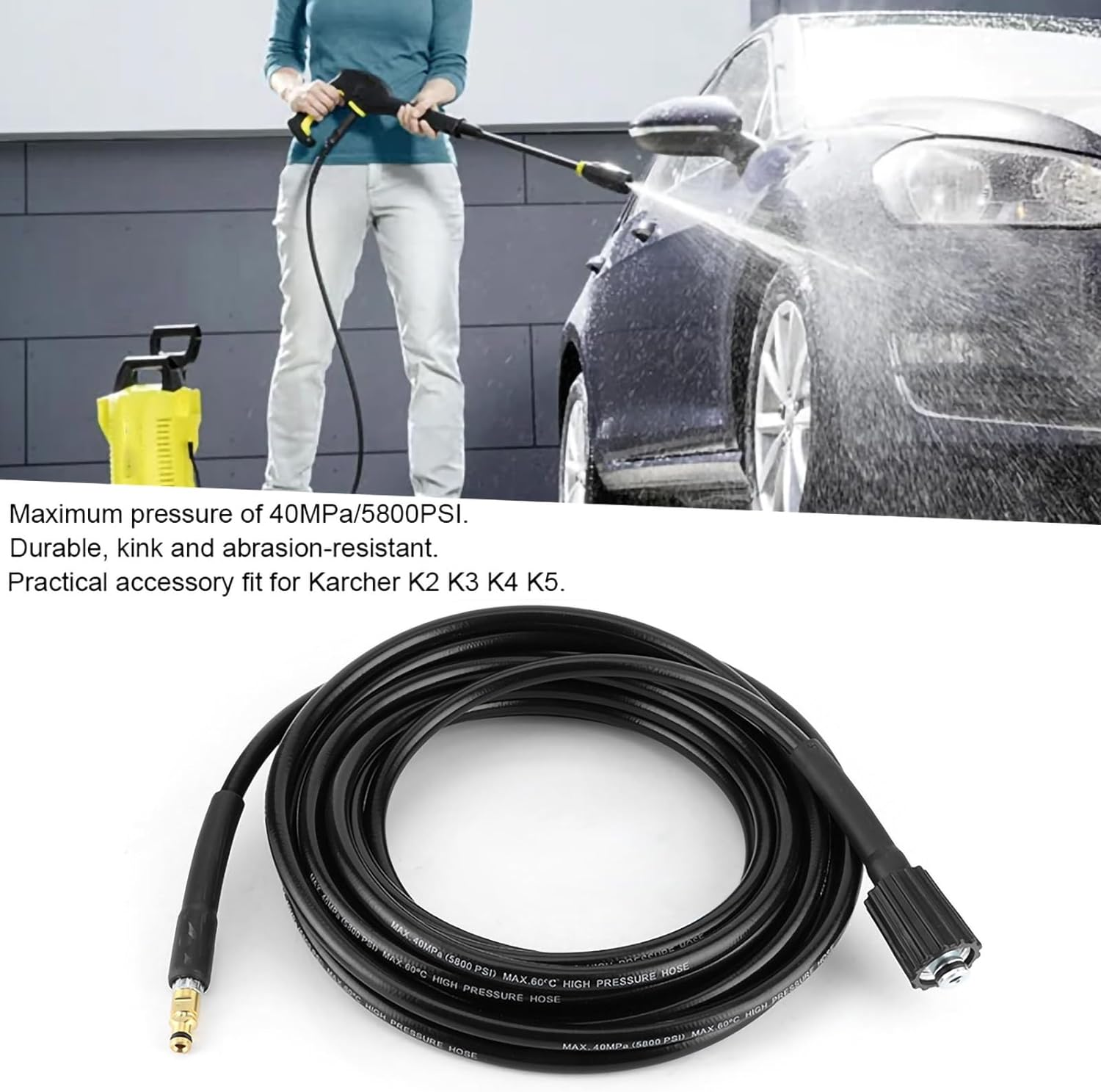 40Mpa 5800PSI Auto Washer Hose, High Pressure Water Cleaning Rubber Pipe for Karcher K2 K3 K4 K5 (15M / 49.2Ft) image number 1