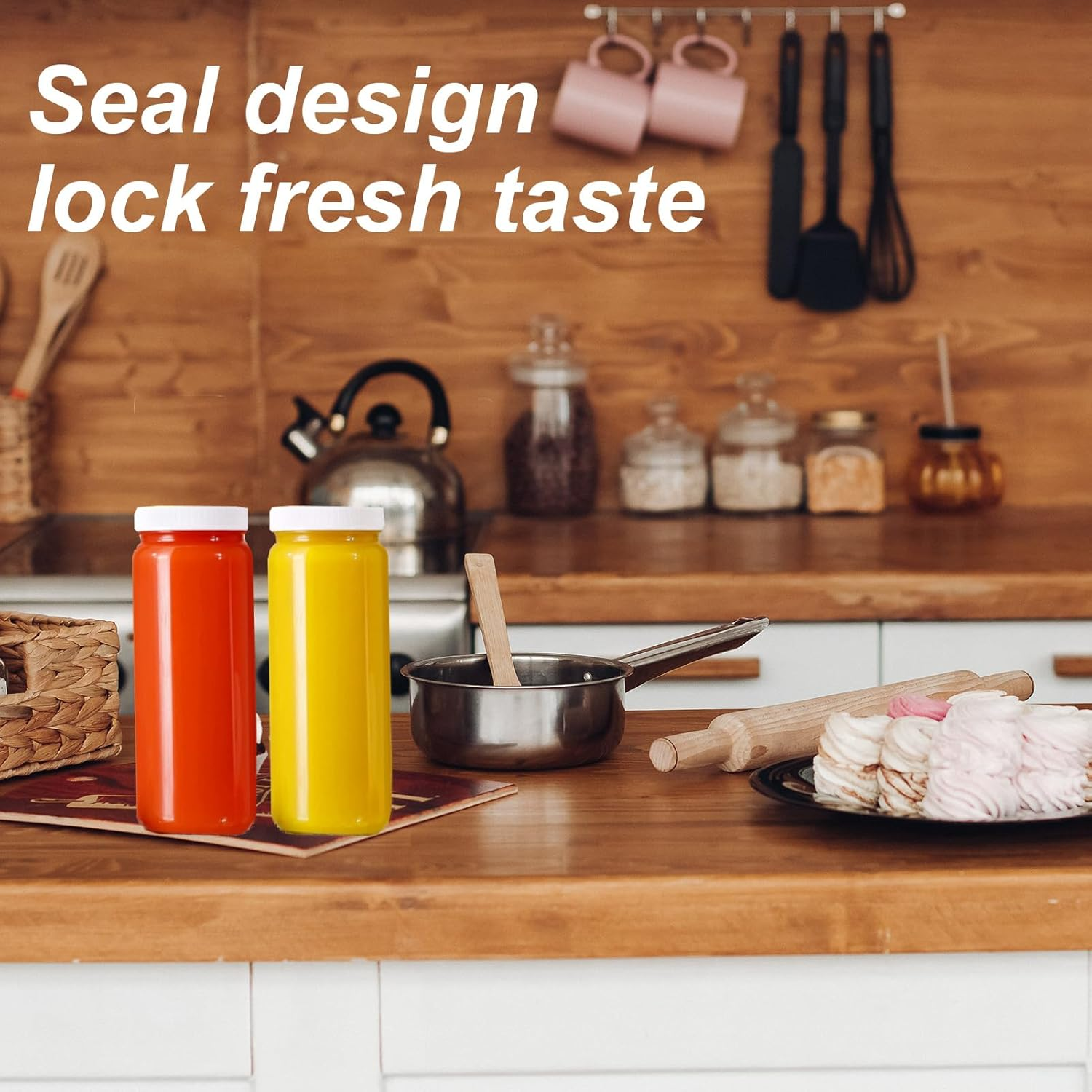 8 Pcs Glass Juice Bottles,16 Oz Glass Bottles with Caps,Reusable Jar Clear Glass Water Bottle with Plastic Airtight Lids for Fridge Glasses for Juice, Cold Brew Bottles, Smoothie Jars image number 4