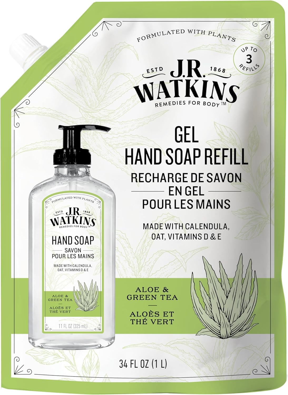 J.R. Watkins Hand Soap Refillsavon, Aloe & Green Tea 34 Fl Oz, Pack of 1