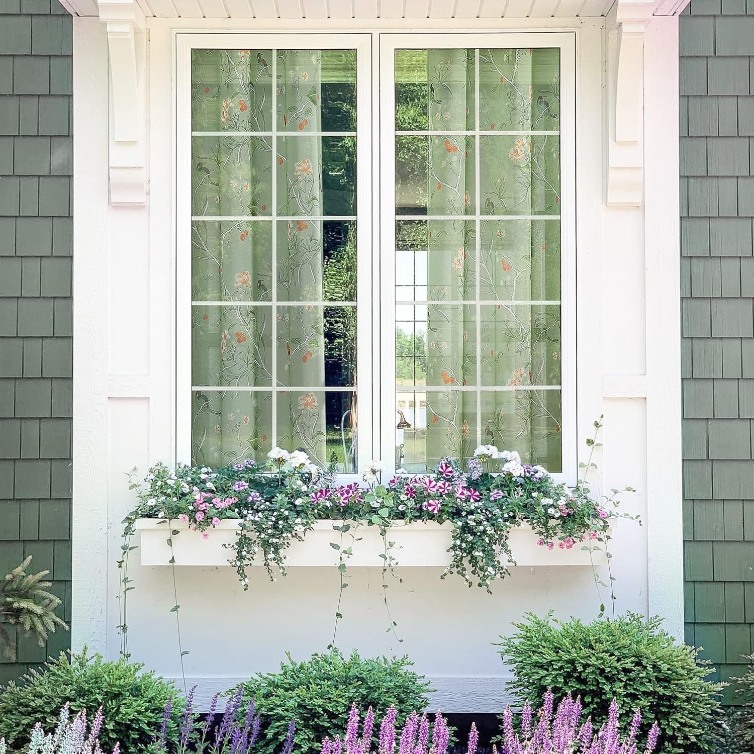 XTMYI Light Green Curtains 63 Inch Length for Bedroom 2 Panels Cute Birds Floral Pattern Rustic Cottage Core Cottagecore Sheer Decorative Kitchen Dining Room Bathroom Window, Sage Green, 52/''X63/'' image number 4